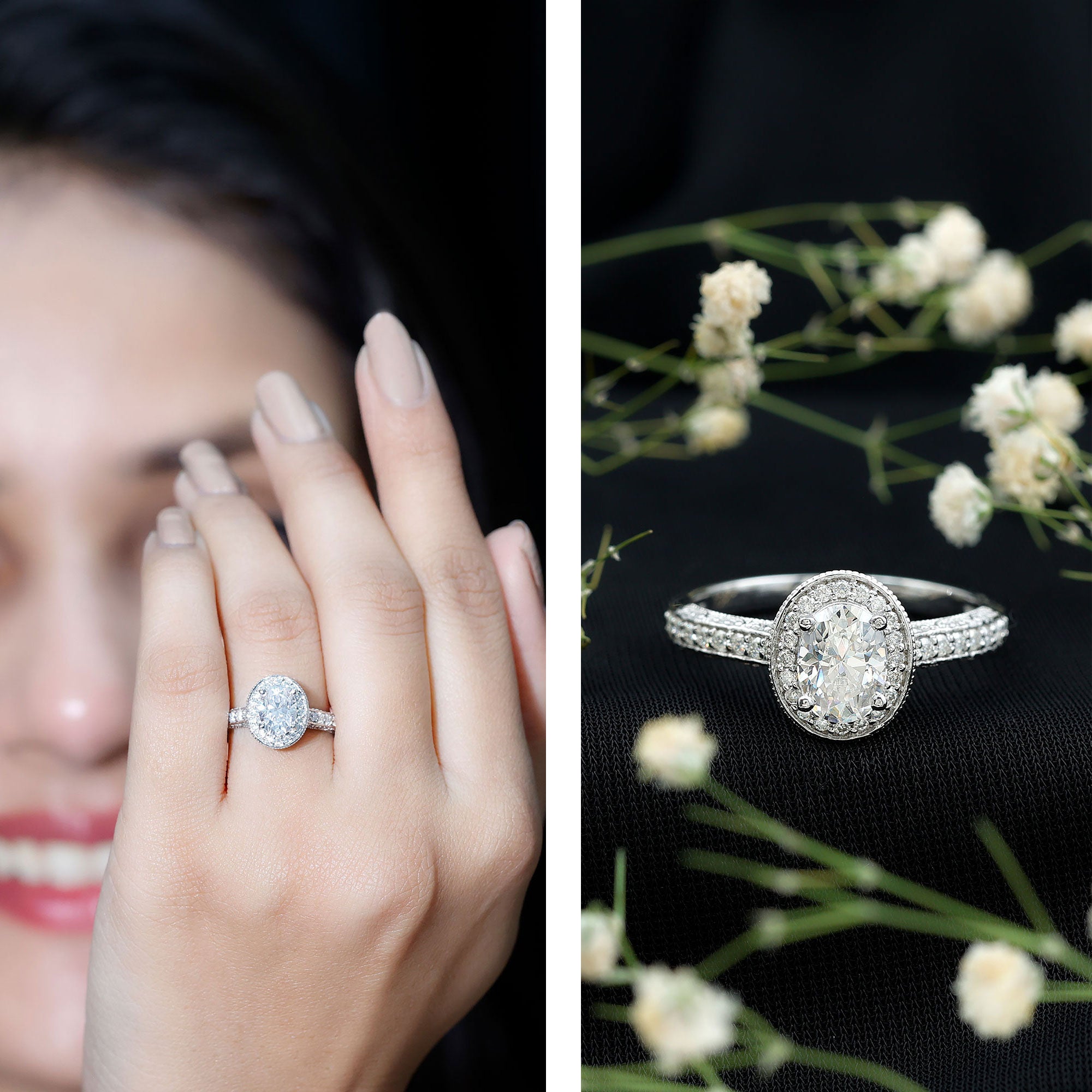 Vintage Style Oval Simulated Diamond Halo Engagement Ring