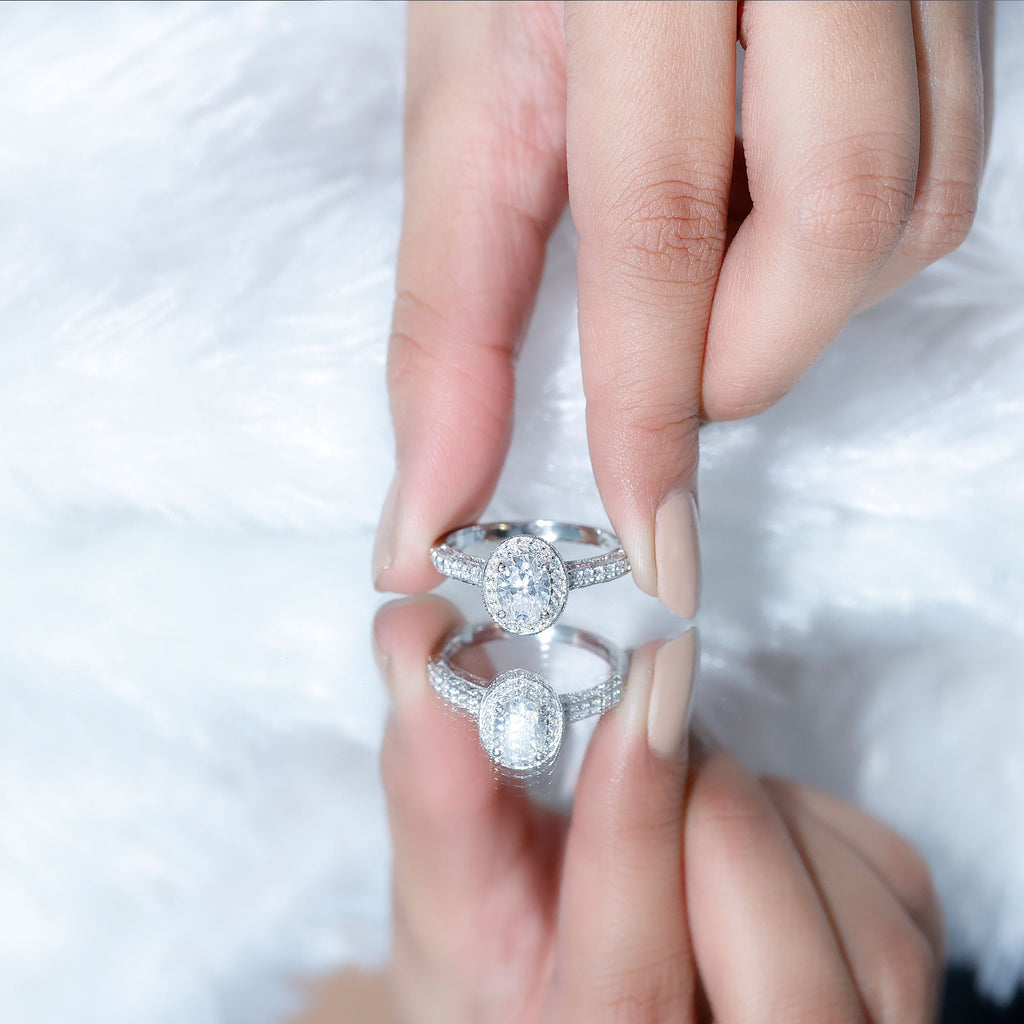 Vintage Style Oval Simulated Diamond Halo Engagement Ring