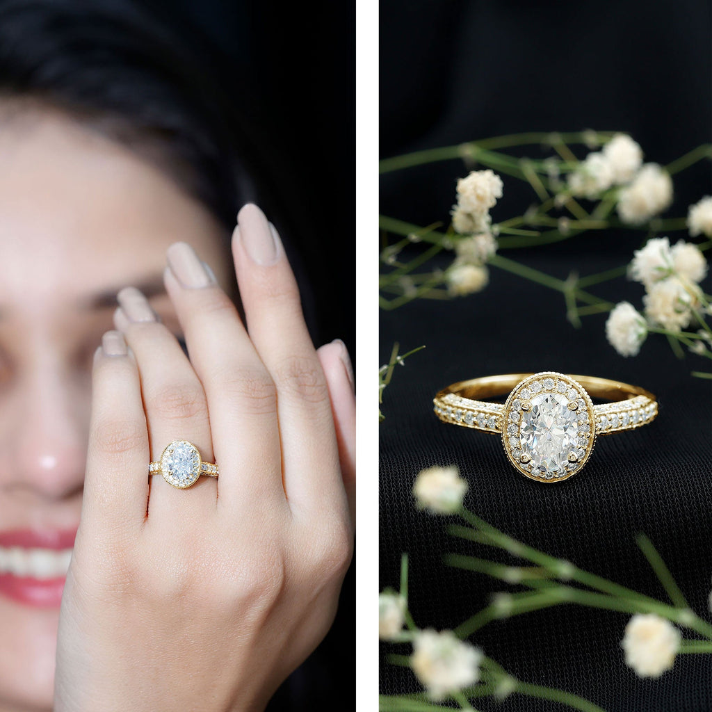 Vintage Style Oval Simulated Diamond Halo Engagement Ring