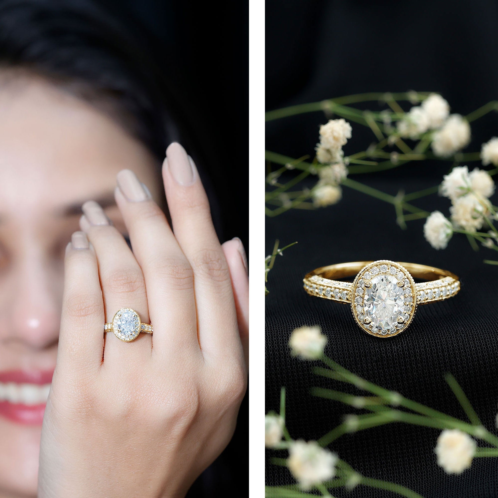 Vintage Style Oval Simulated Diamond Halo Engagement Ring