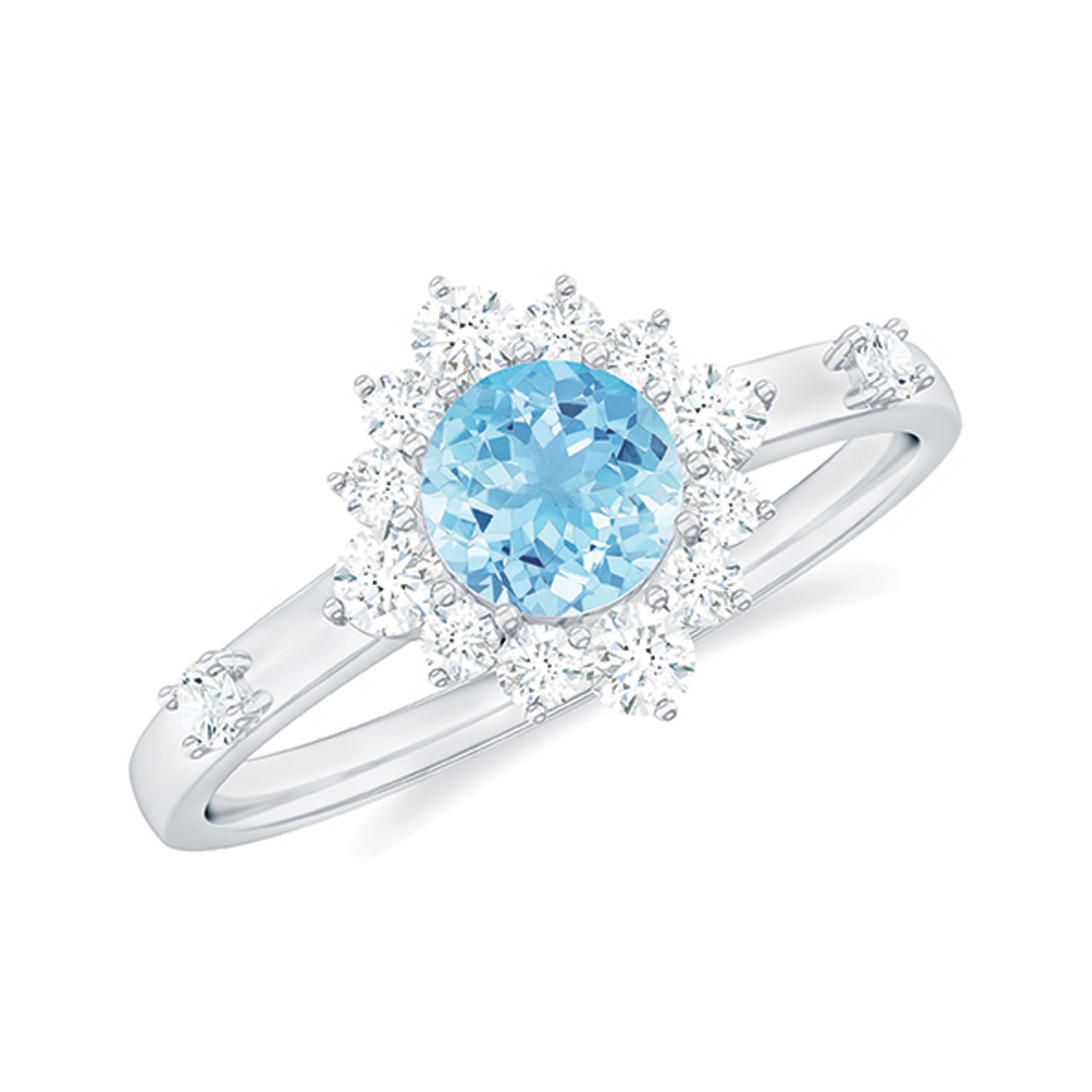 Genuine 0.8 Carat Aquamarine and Diamond Halo Engagement Ring