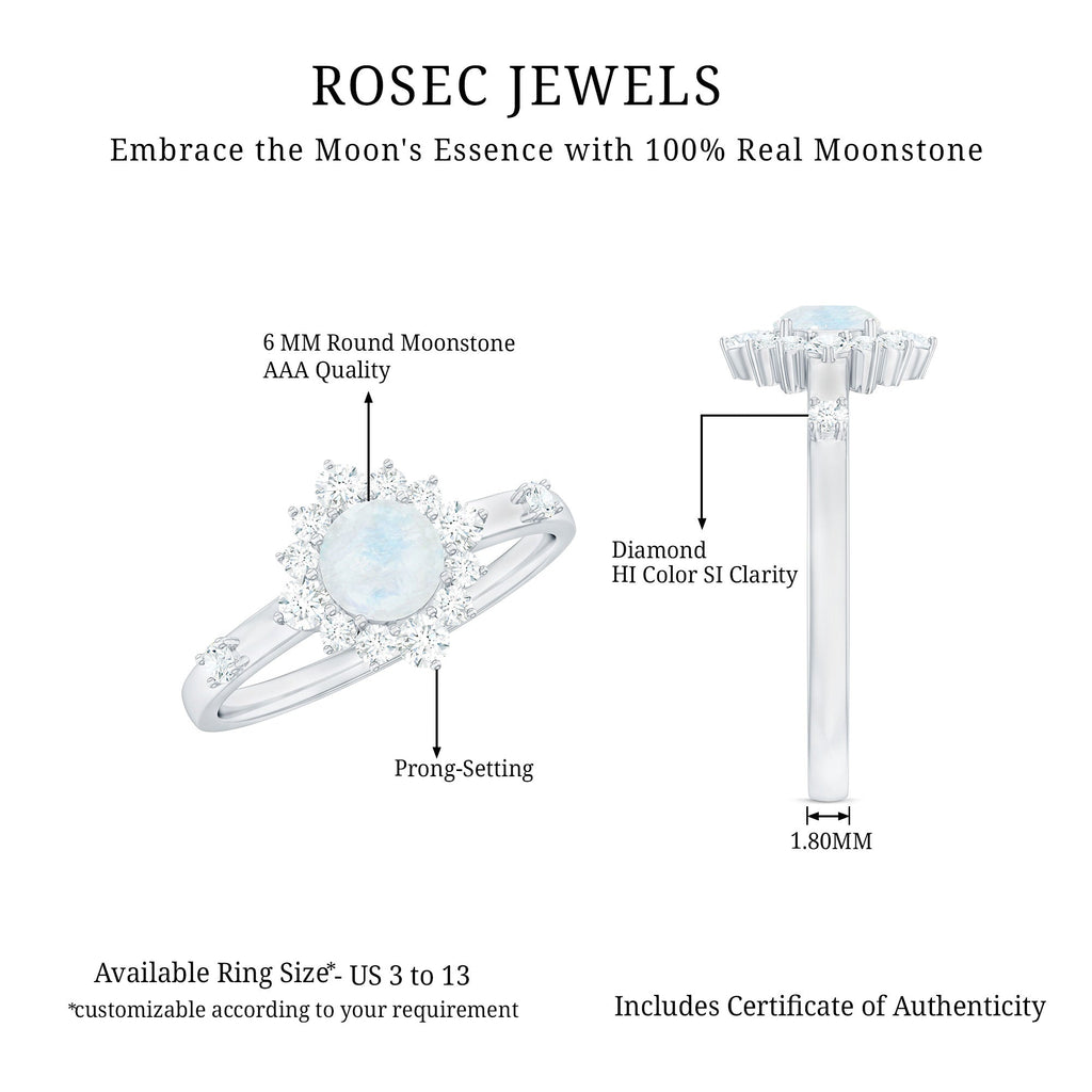 1 CT Round Moonstone and Diamond Halo Engagement Ring
