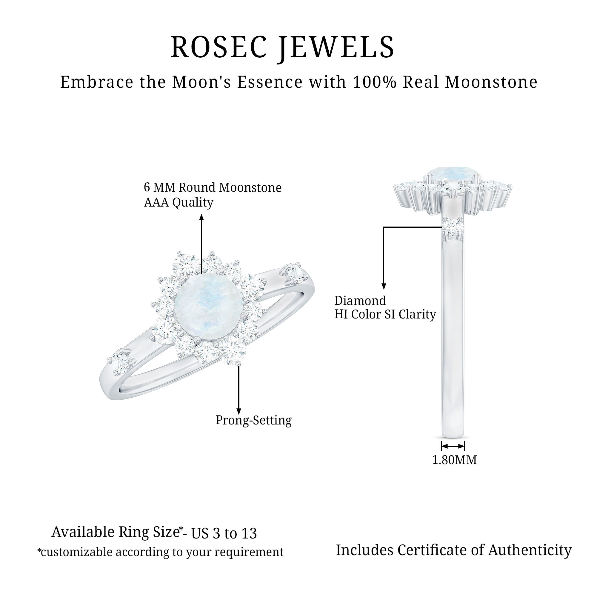1 CT Round Moonstone and Diamond Halo Engagement Ring