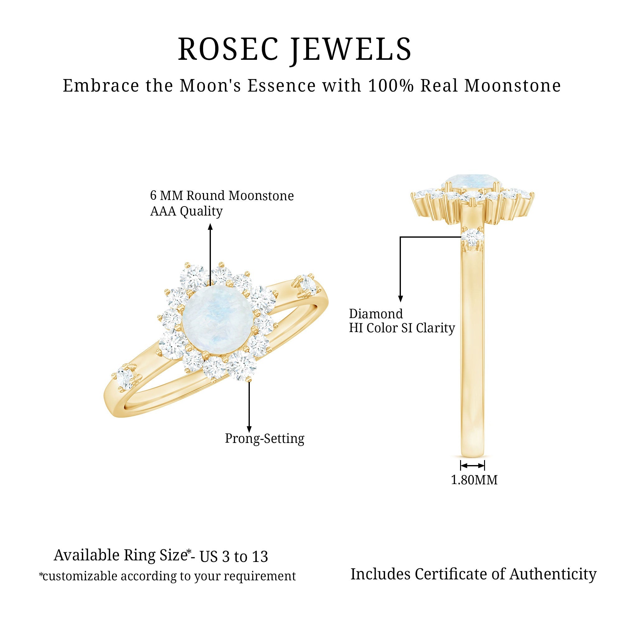 1 CT Round Moonstone and Diamond Halo Engagement Ring