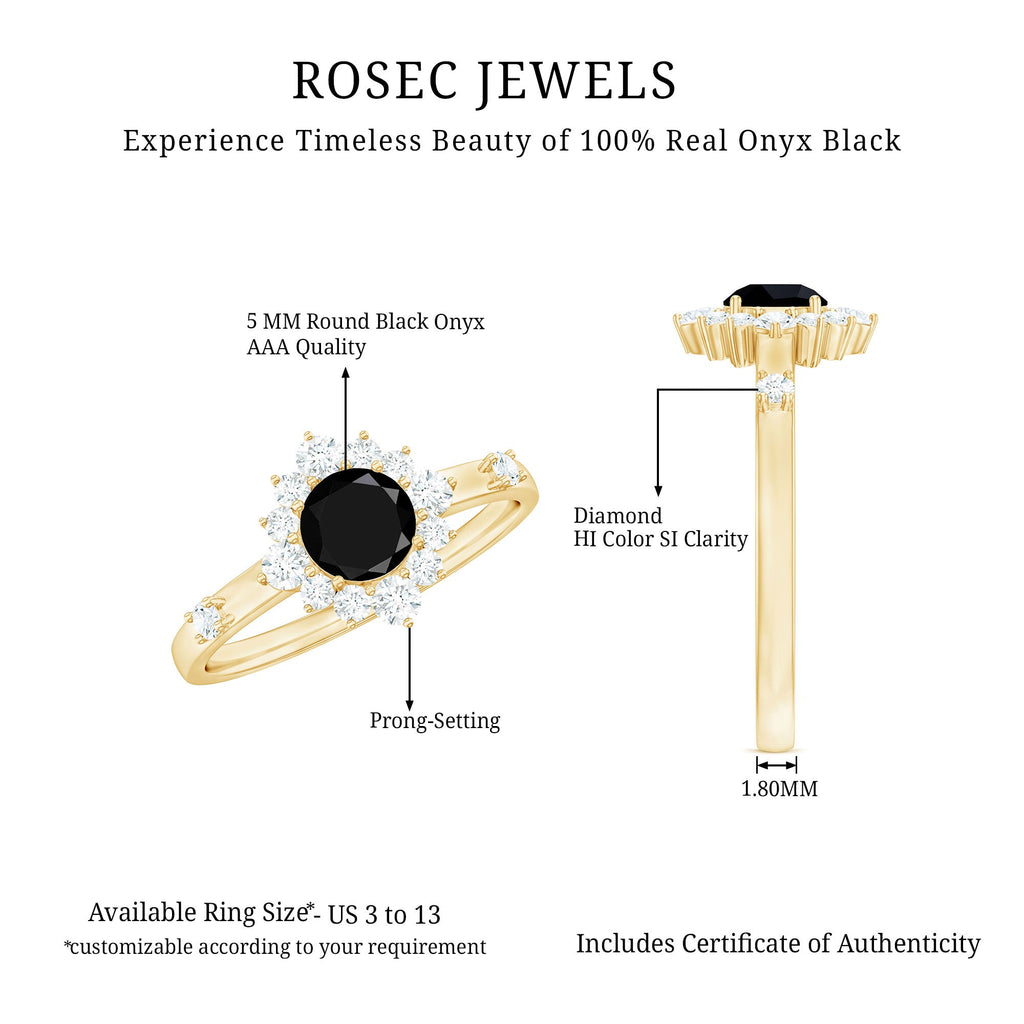 Certified Genuine 5mm Black Onyx Halo Ring with Diamond