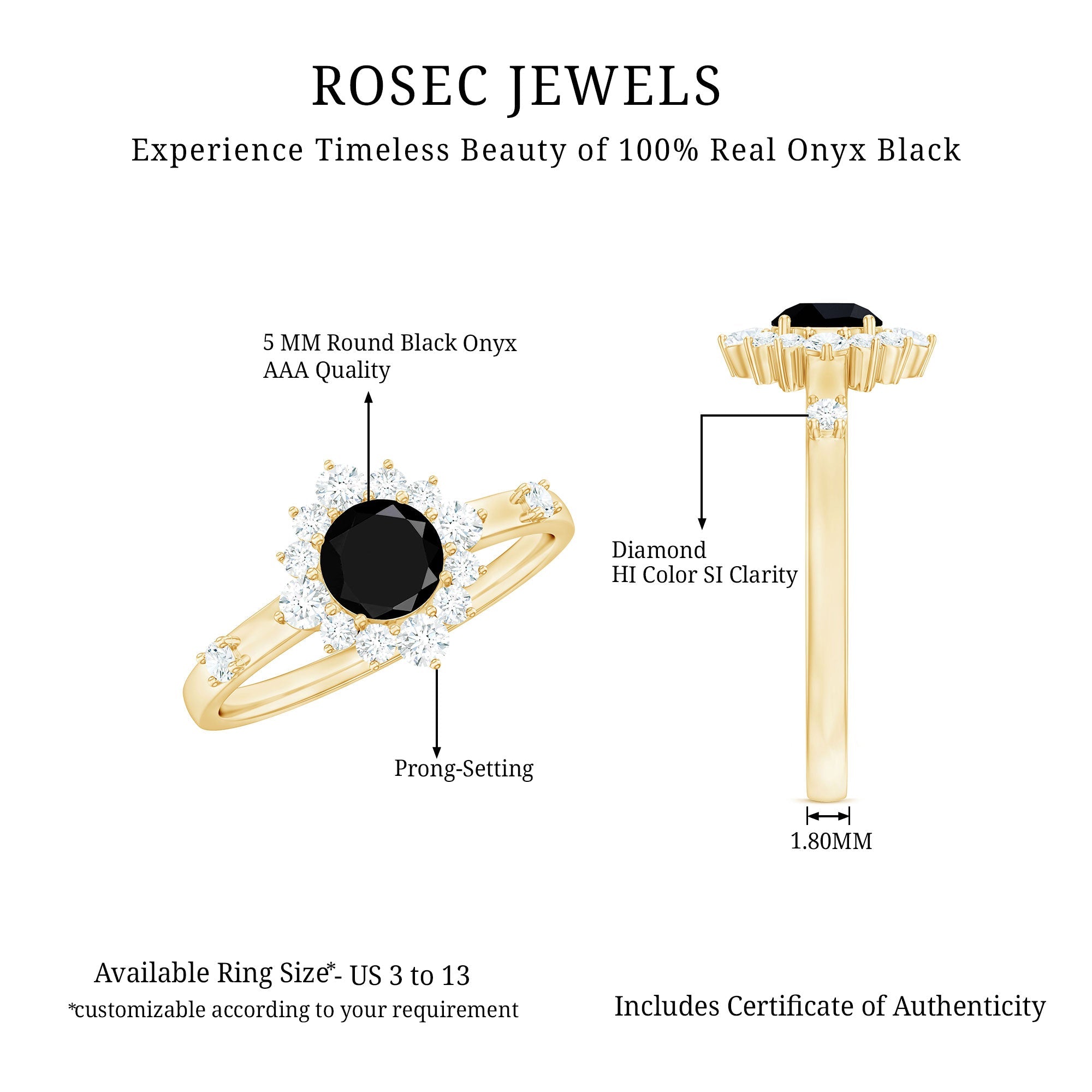 Certified Genuine 5mm Black Onyx Halo Ring with Diamond