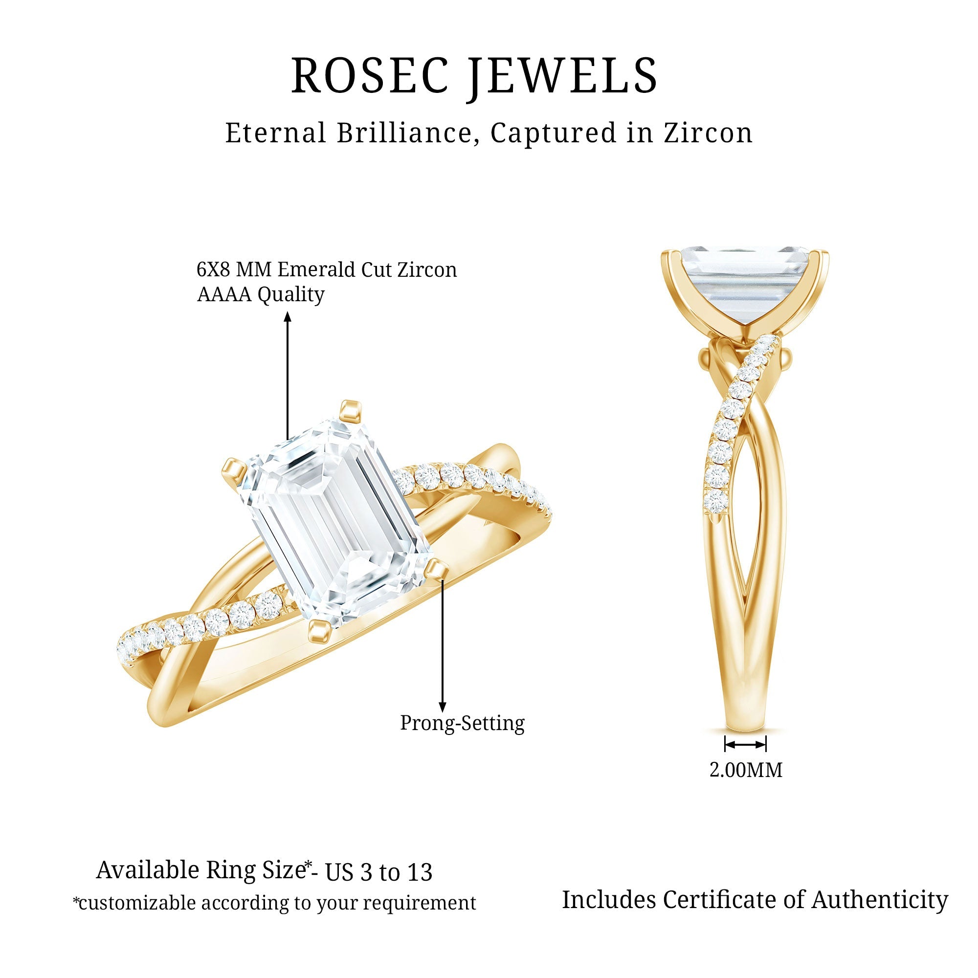 Emerald Cut Zircon Solitaire Ring in Infinity Shank