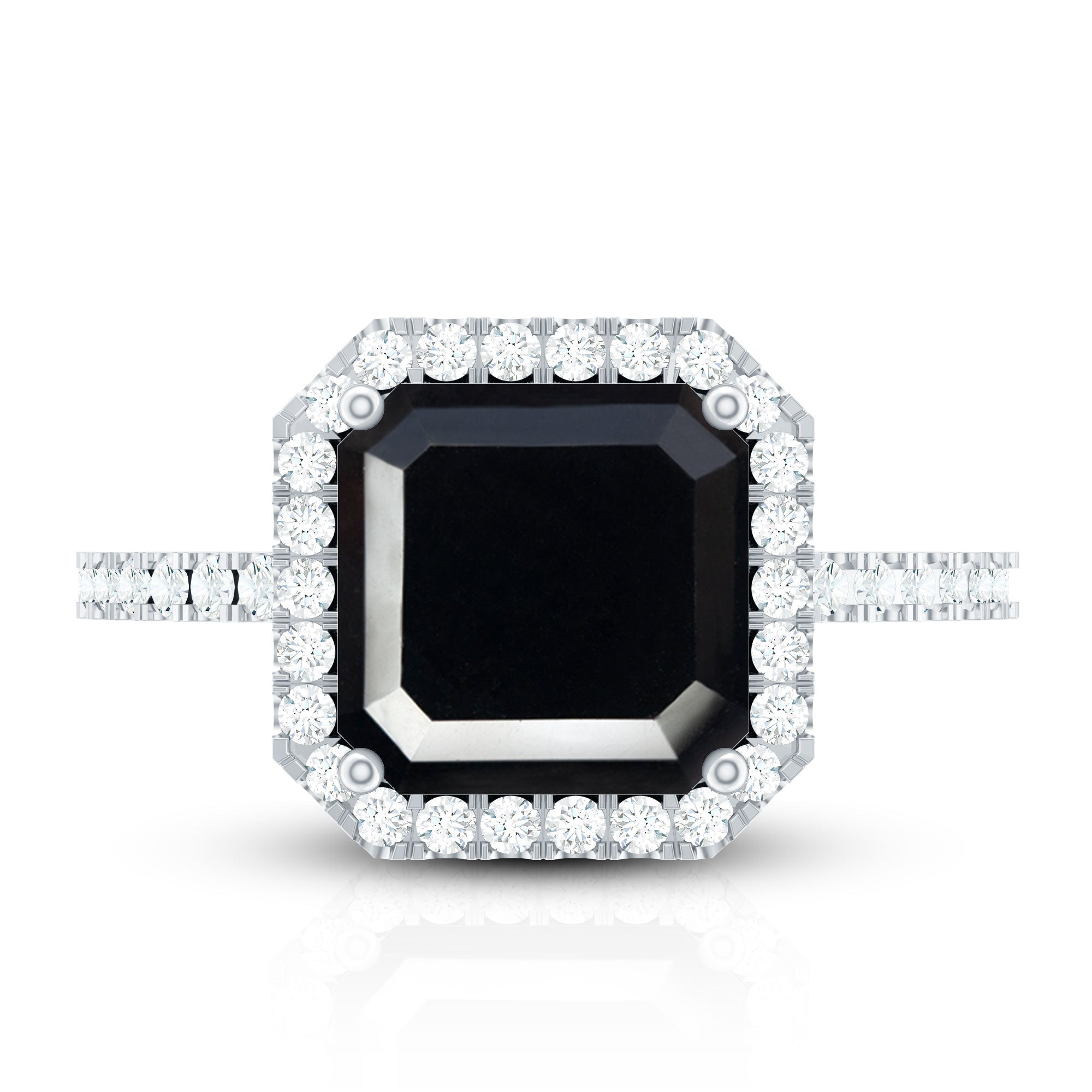 8mm Asscher Cut Black Onyx Halo Engagement Ring with Diamond