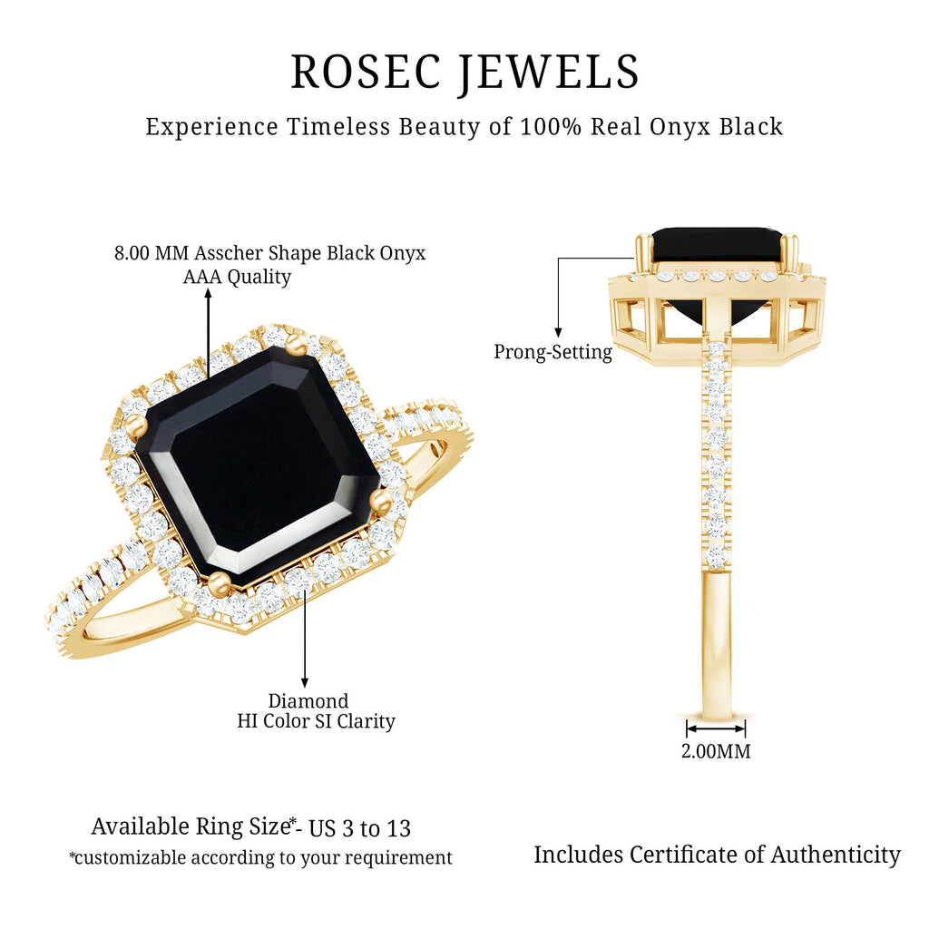 8mm Asscher Cut Black Onyx Halo Engagement Ring with Diamond