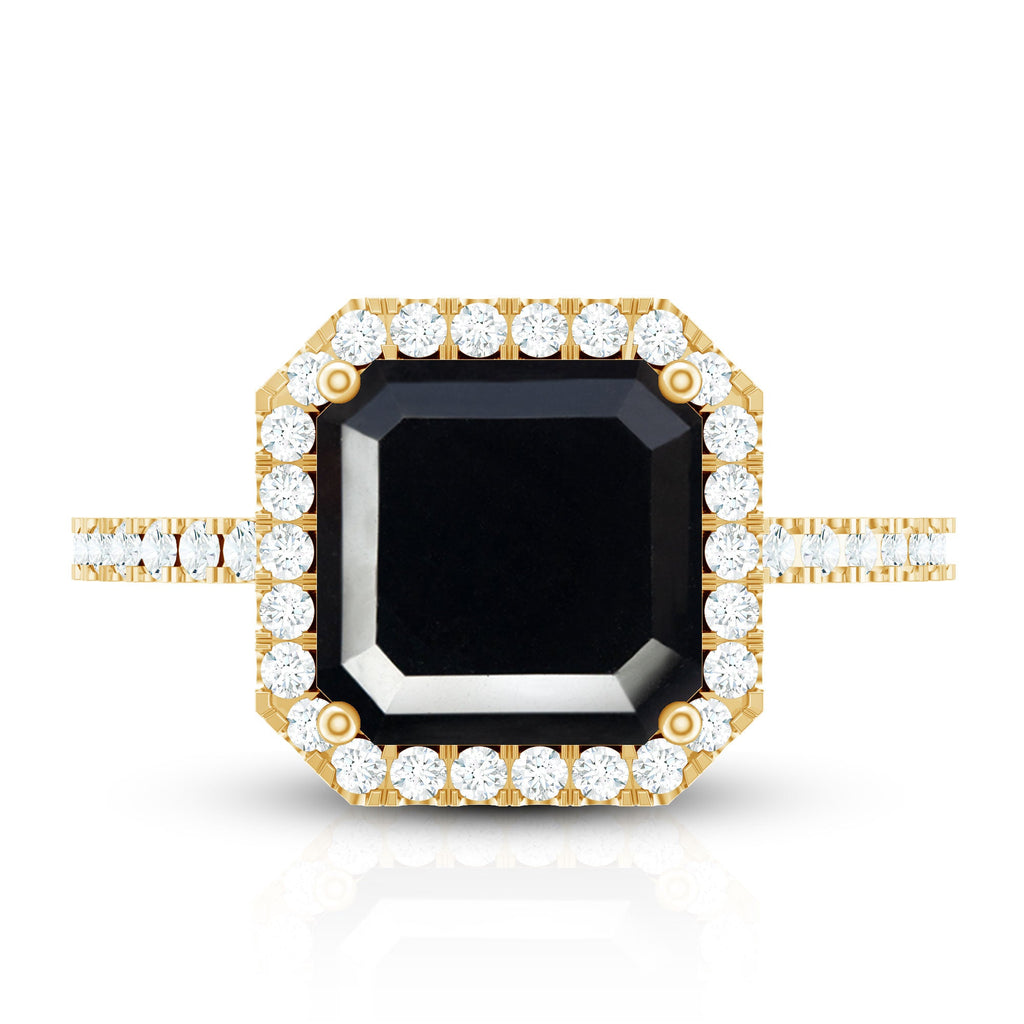 8mm Asscher Cut Black Onyx Halo Engagement Ring with Diamond