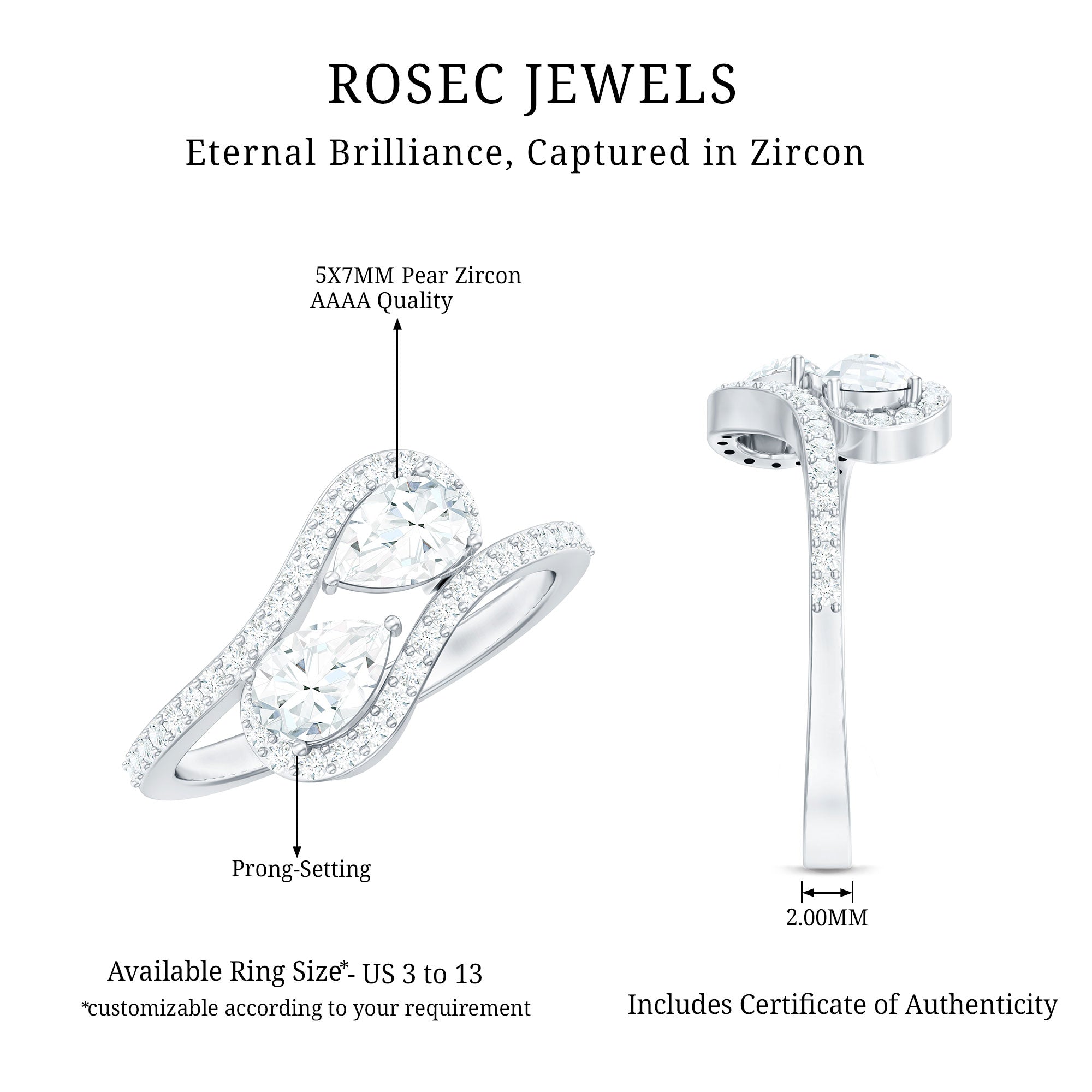 2.5 CT Pear Cut Two Stone Zircon Bypass Engagement Ring