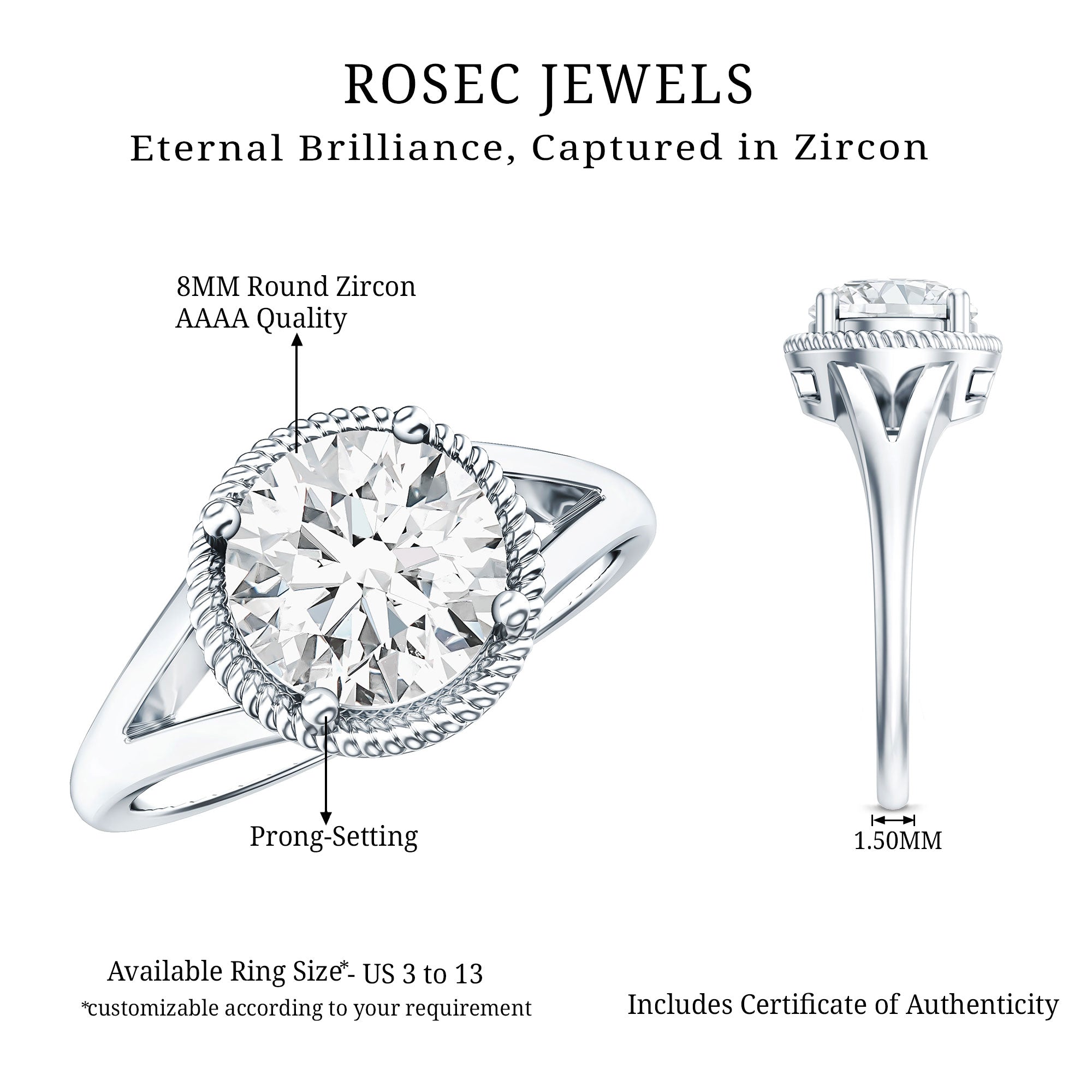 2 Carat Round Cubic Zirconia Solitaire Engagement Ring in Split Shank