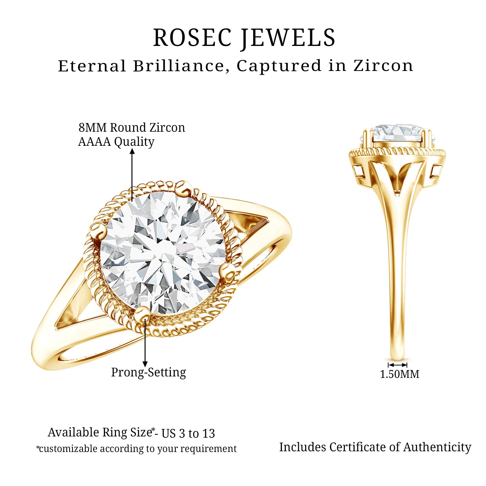 2 Carat Round Cubic Zirconia Solitaire Engagement Ring in Split Shank