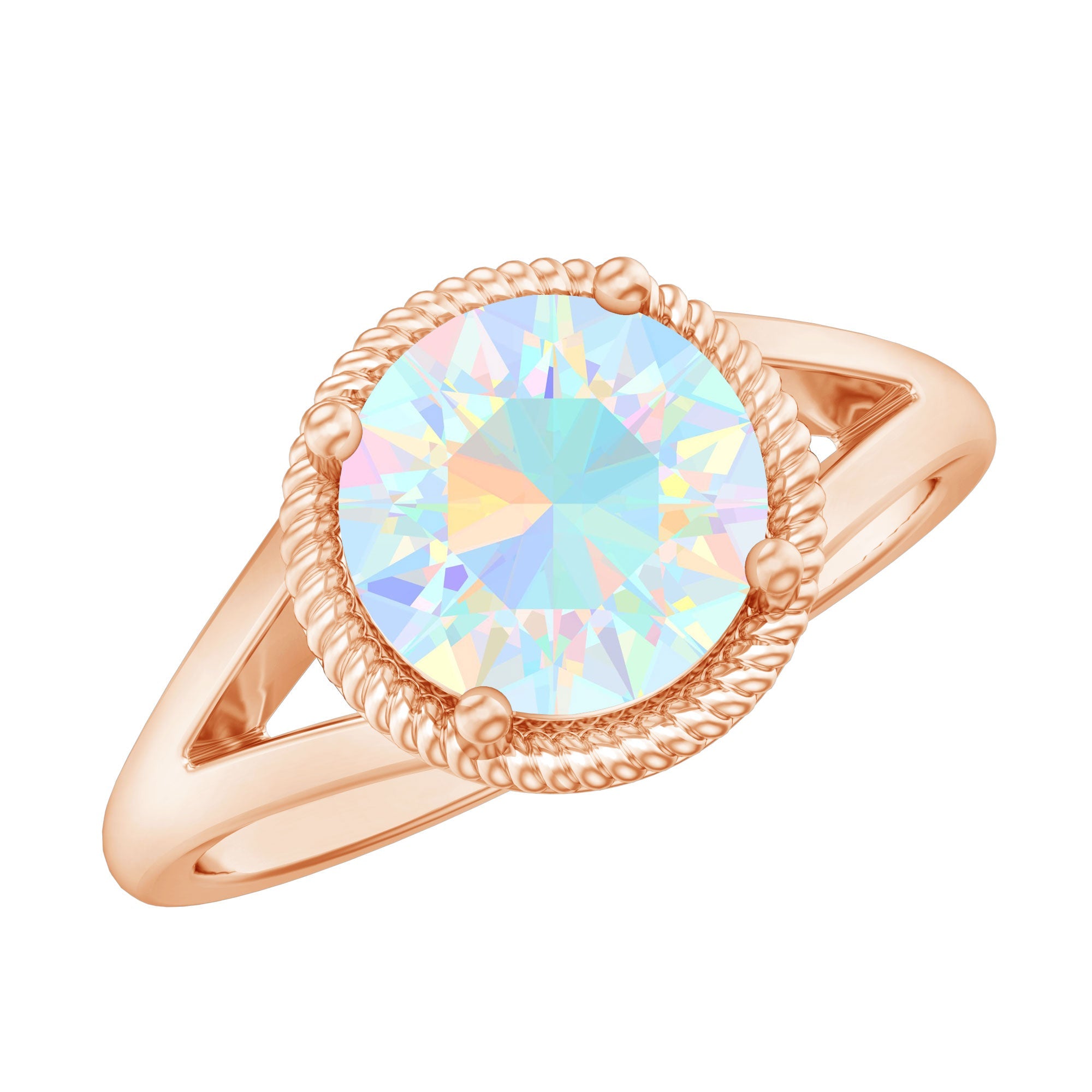 Certified Real 8 mm Round Ethiopian Opal Split Shank Engagement Ring with Twisted Rope