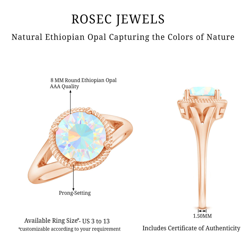 Certified Real 8 mm Round Ethiopian Opal Split Shank Engagement Ring with Twisted Rope