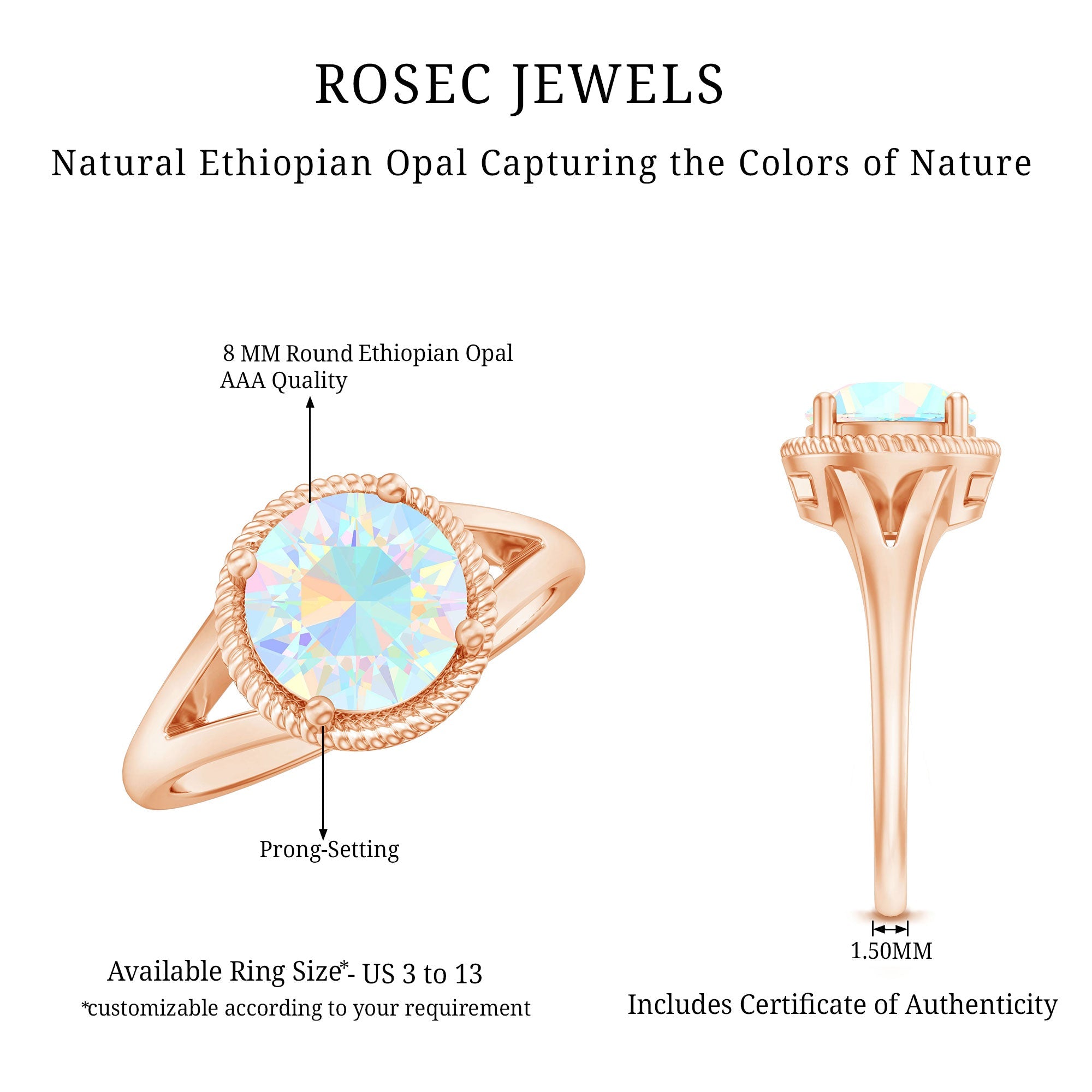 Certified Real 8 mm Round Ethiopian Opal Split Shank Engagement Ring with Twisted Rope