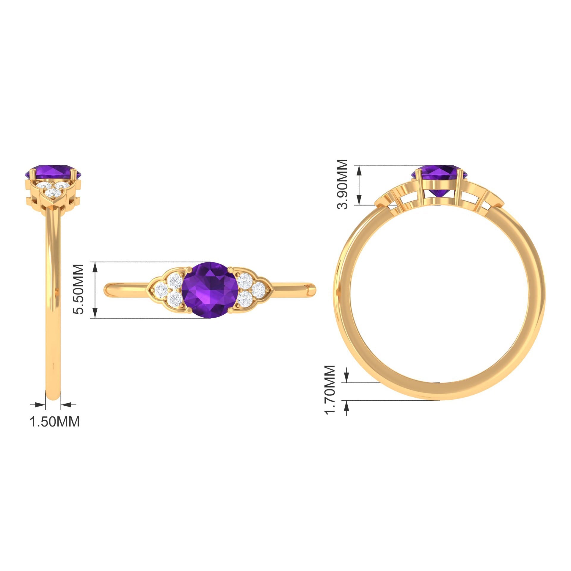 Natural Amethyst Promise Ring with Diamond Trio