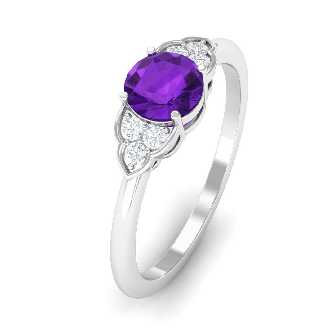 Natural Amethyst Promise Ring with Diamond Trio