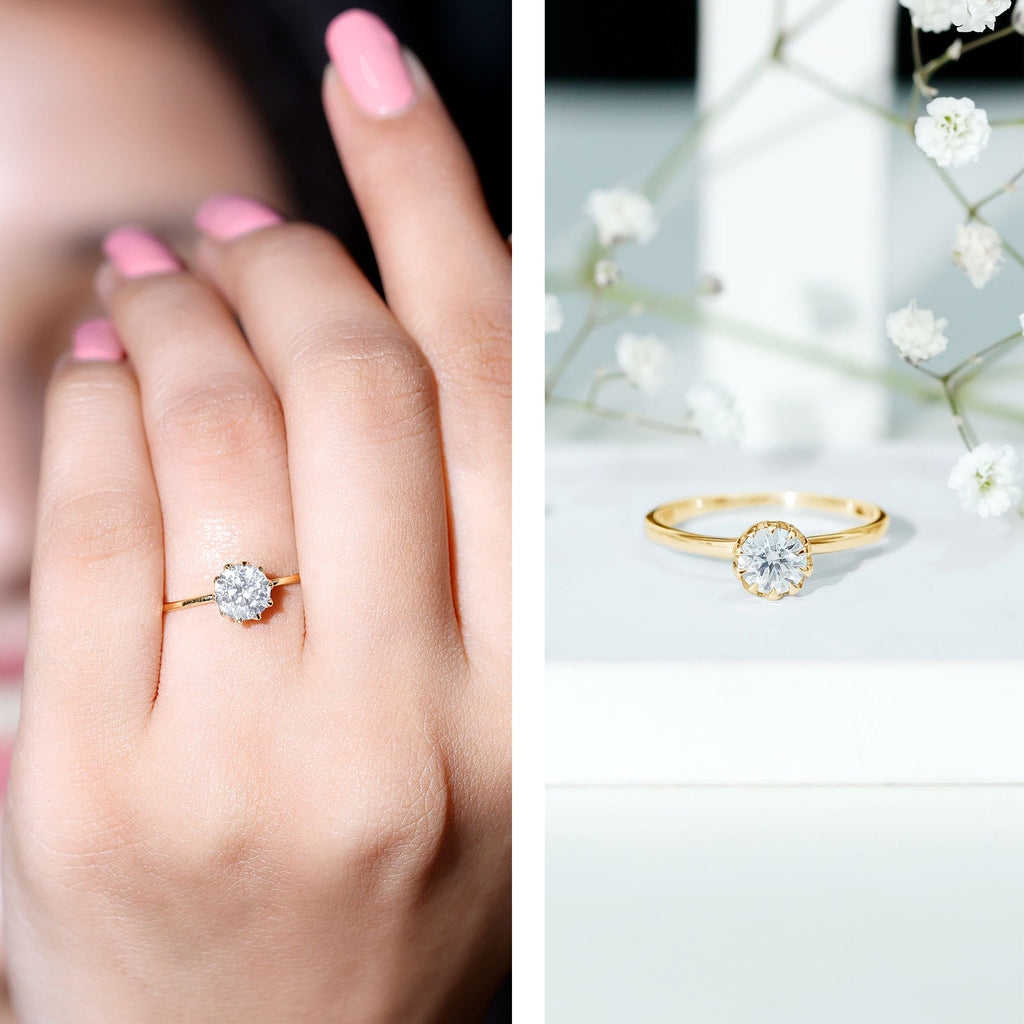 1 CT Simulated Diamond Solitaire Ring in Lotus Basket Setting