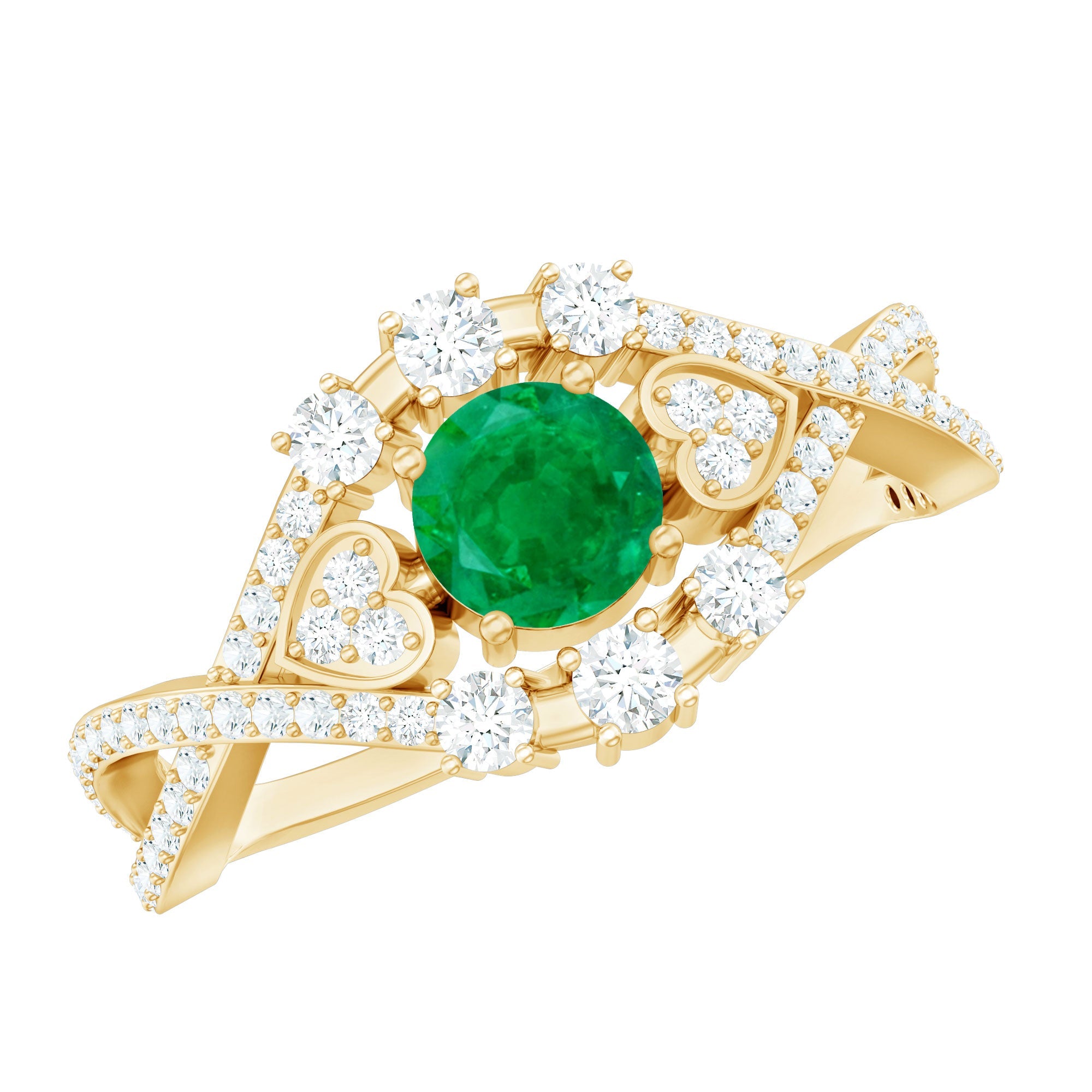 Natural Emerald Diamond Antique Style Engagement Ring with Crossover Shank
