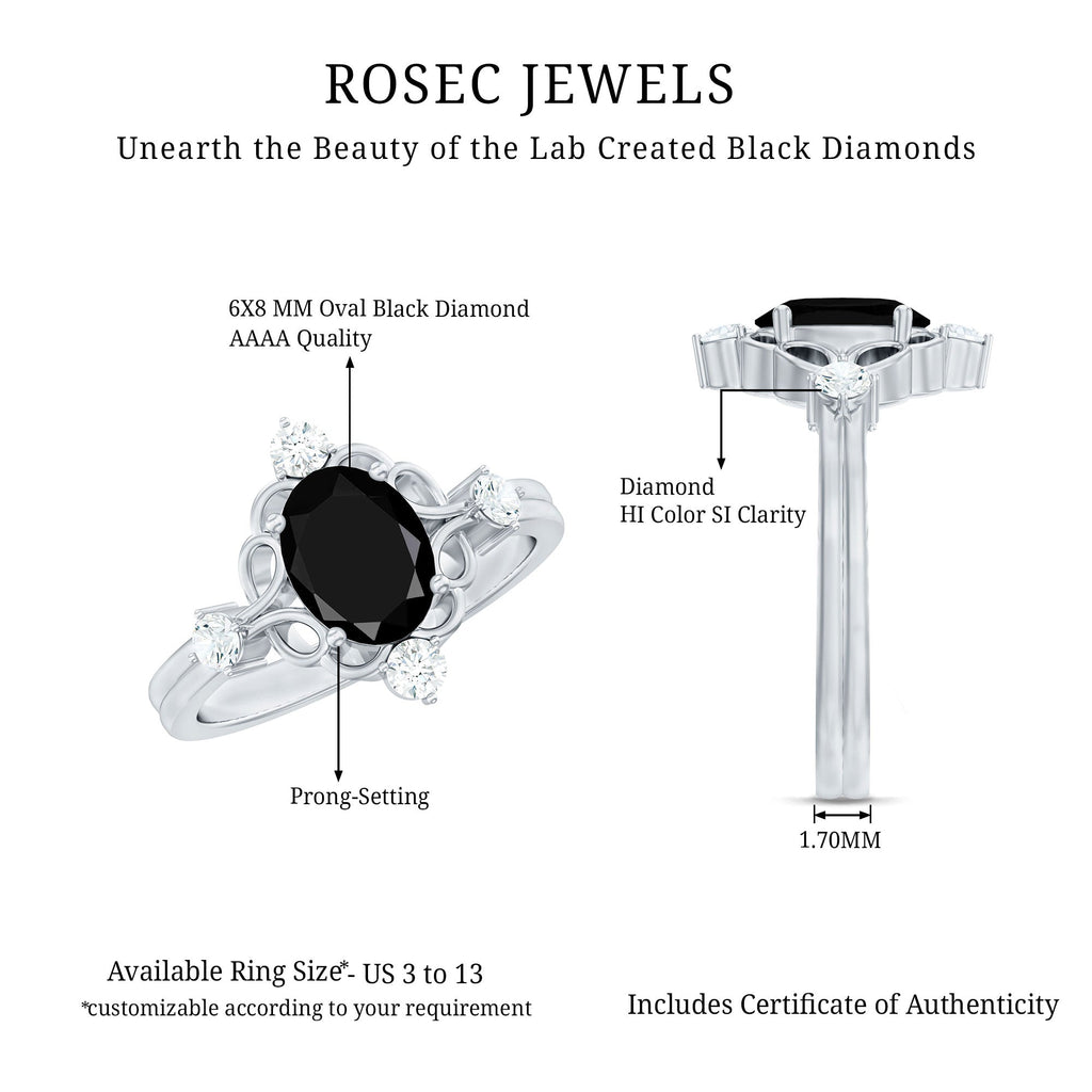 Vintage Style 1.9 Carat Lab Grown Black Diamond Oval Engagement Ring with White Diamond