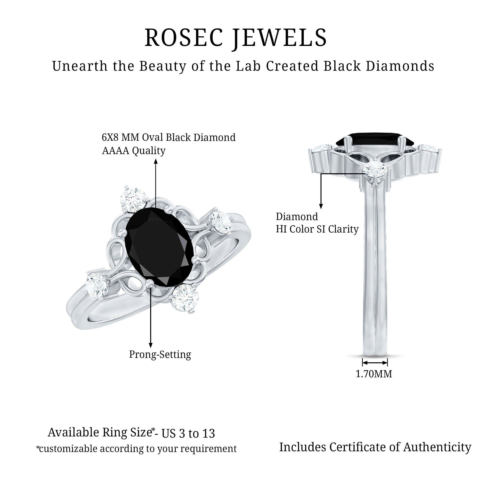 Vintage Style 1.9 Carat Lab Grown Black Diamond Oval Engagement Ring with White Diamond