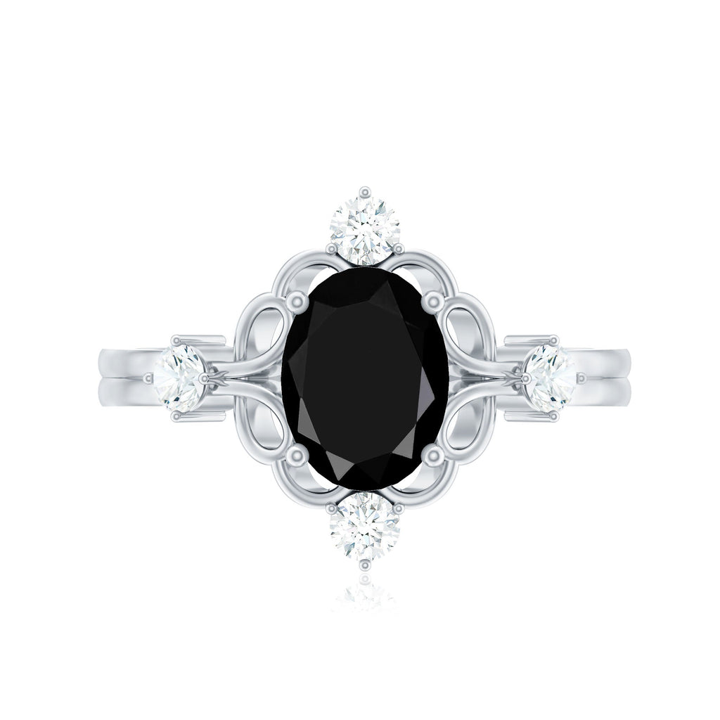 Vintage Style 1.9 Carat Lab Grown Black Diamond Oval Engagement Ring with White Diamond