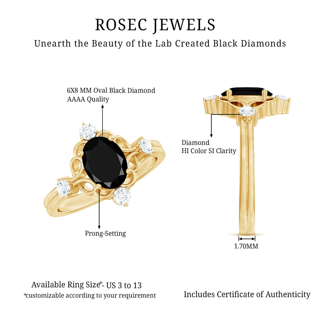 Vintage Style 1.9 Carat Lab Grown Black Diamond Oval Engagement Ring with White Diamond