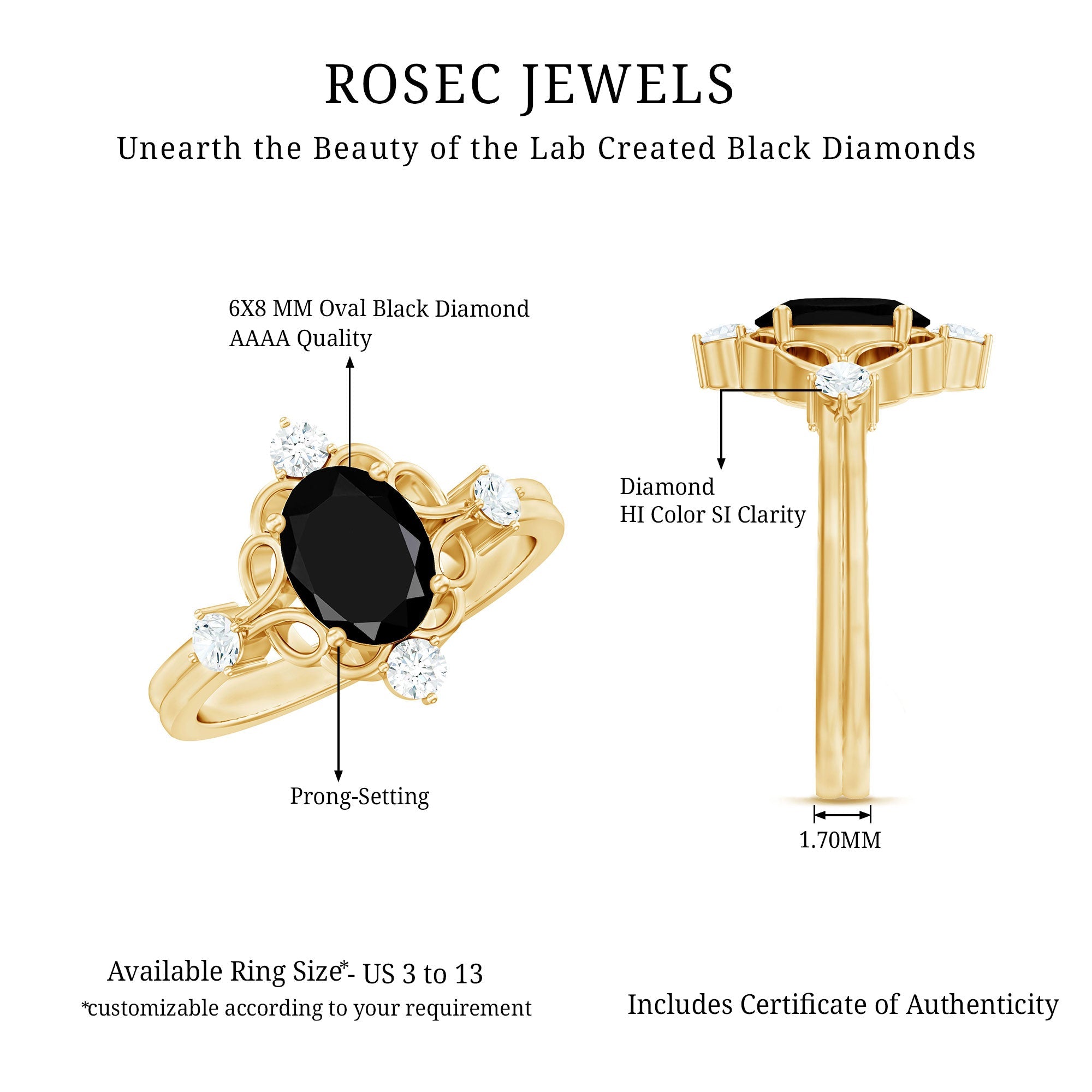 Vintage Style 1.9 Carat Lab Grown Black Diamond Oval Engagement Ring with White Diamond