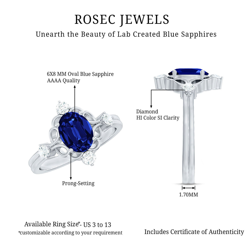 6X8 mm Oval Cut Lab Grown Blue Sapphire Oblong Engagement Ring with Diamond