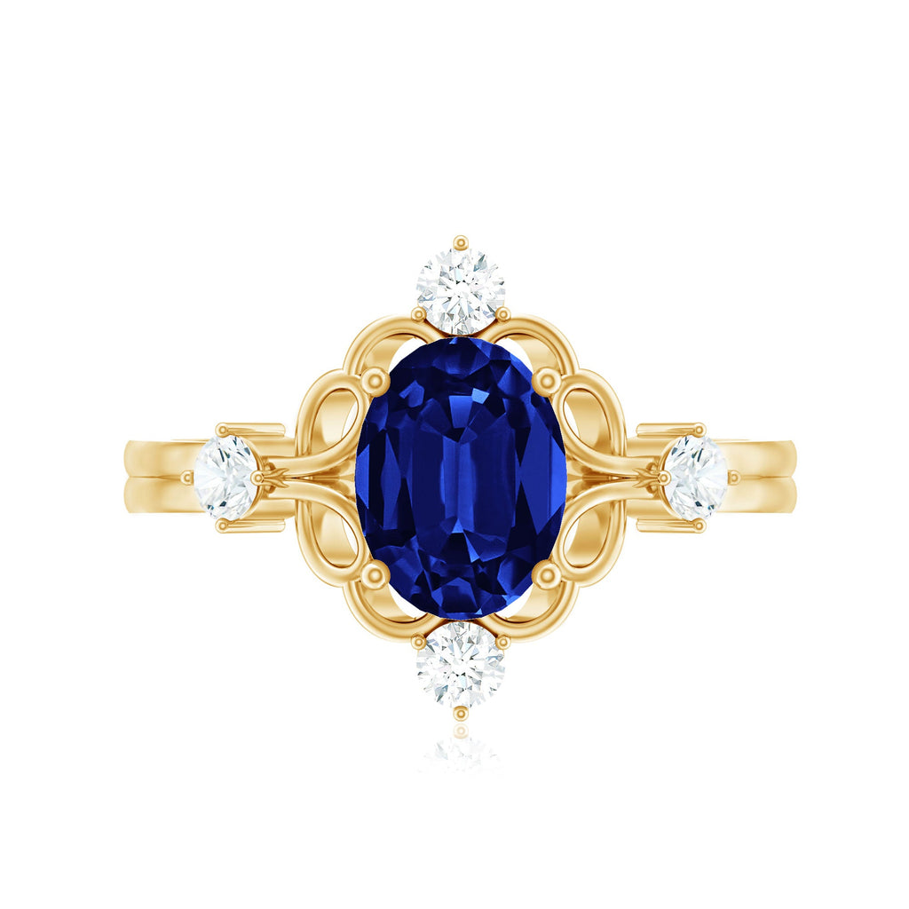 6X8 mm Oval Cut Lab Grown Blue Sapphire Oblong Engagement Ring with Diamond