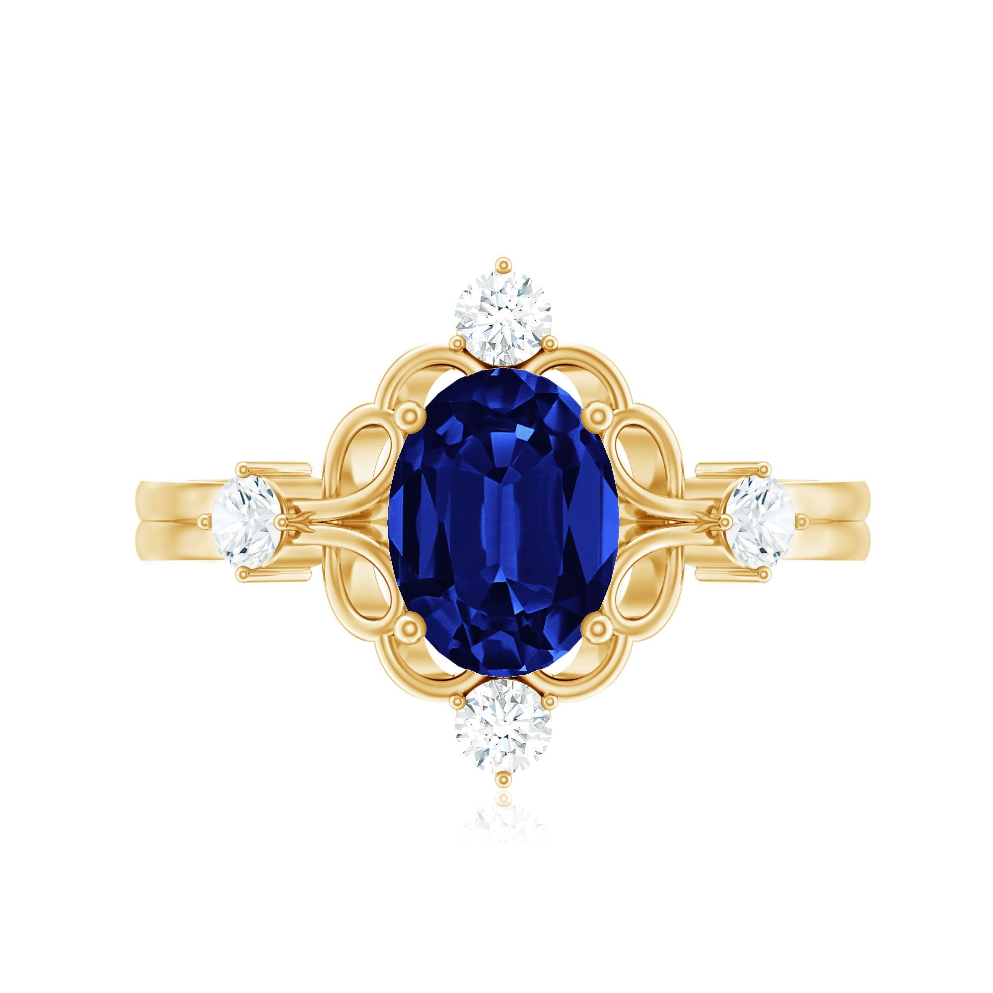 6X8 mm Oval Cut Lab Grown Blue Sapphire Oblong Engagement Ring with Diamond