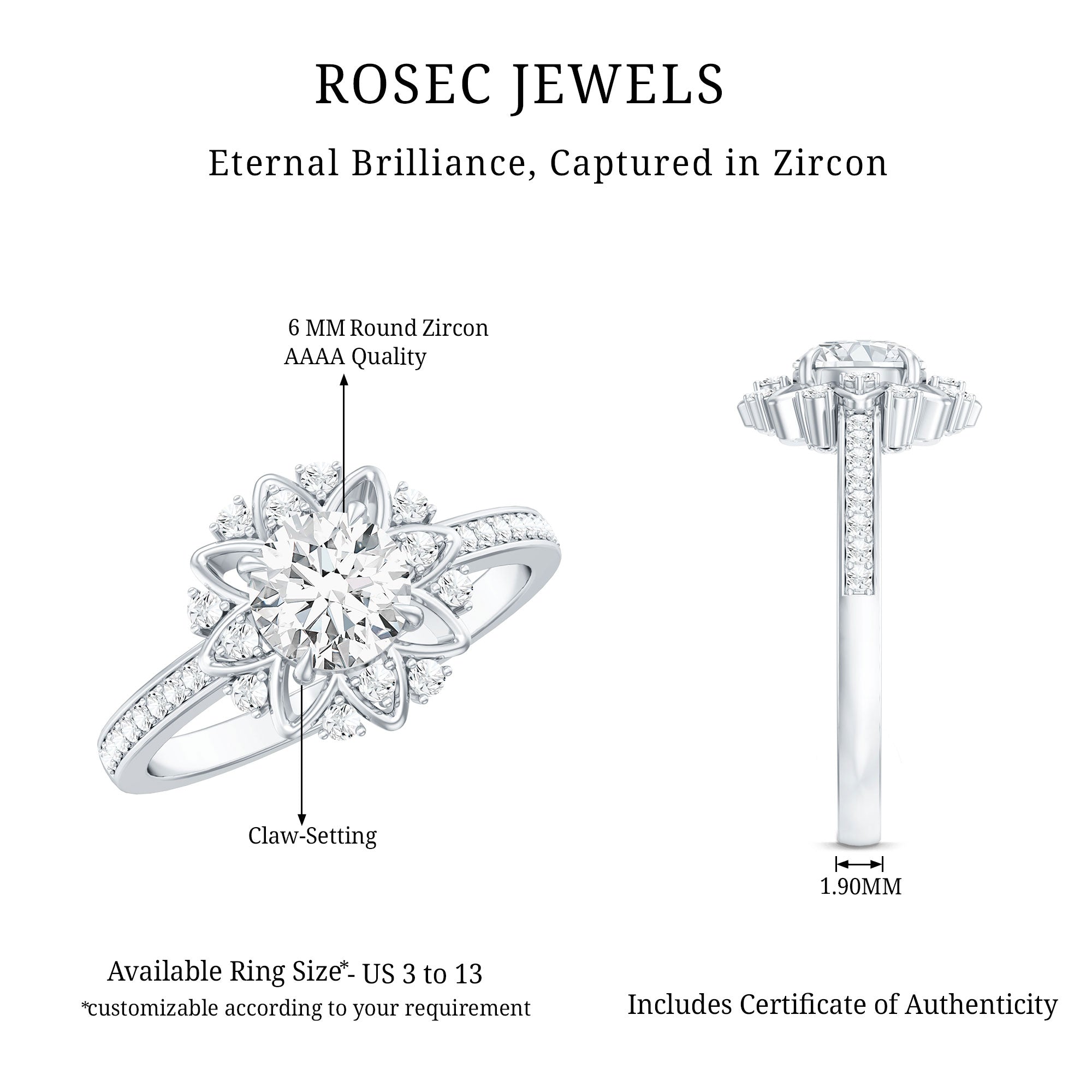 1.5 CT Round Certified Zircon Flower Engagement Ring