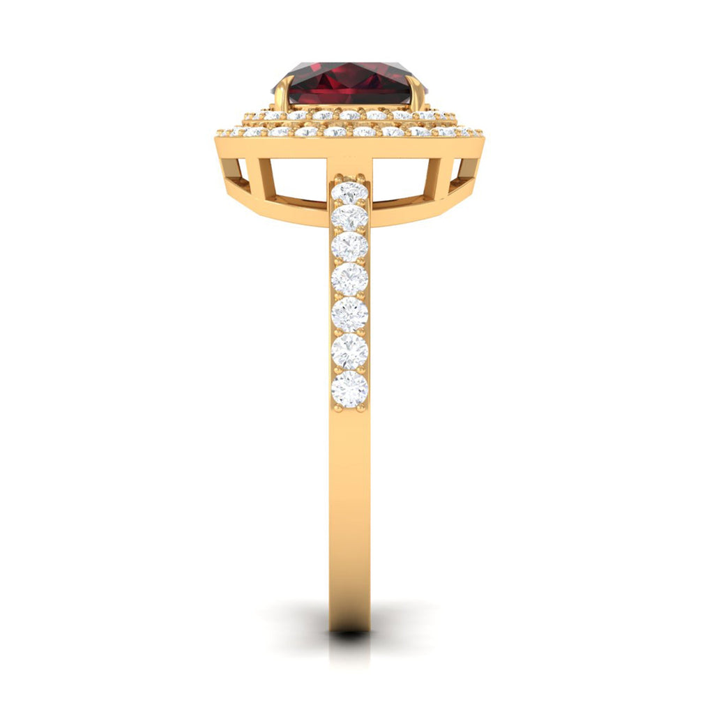 Natural 8mm Cushion Cut Garnet Diamond Double Halo Engagement Ring