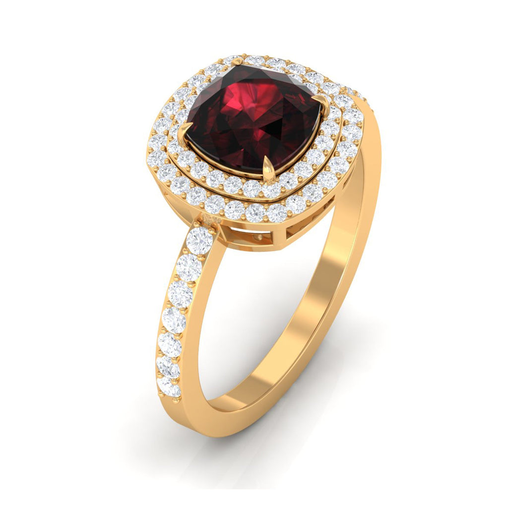 Natural 8mm Cushion Cut Garnet Diamond Double Halo Engagement Ring