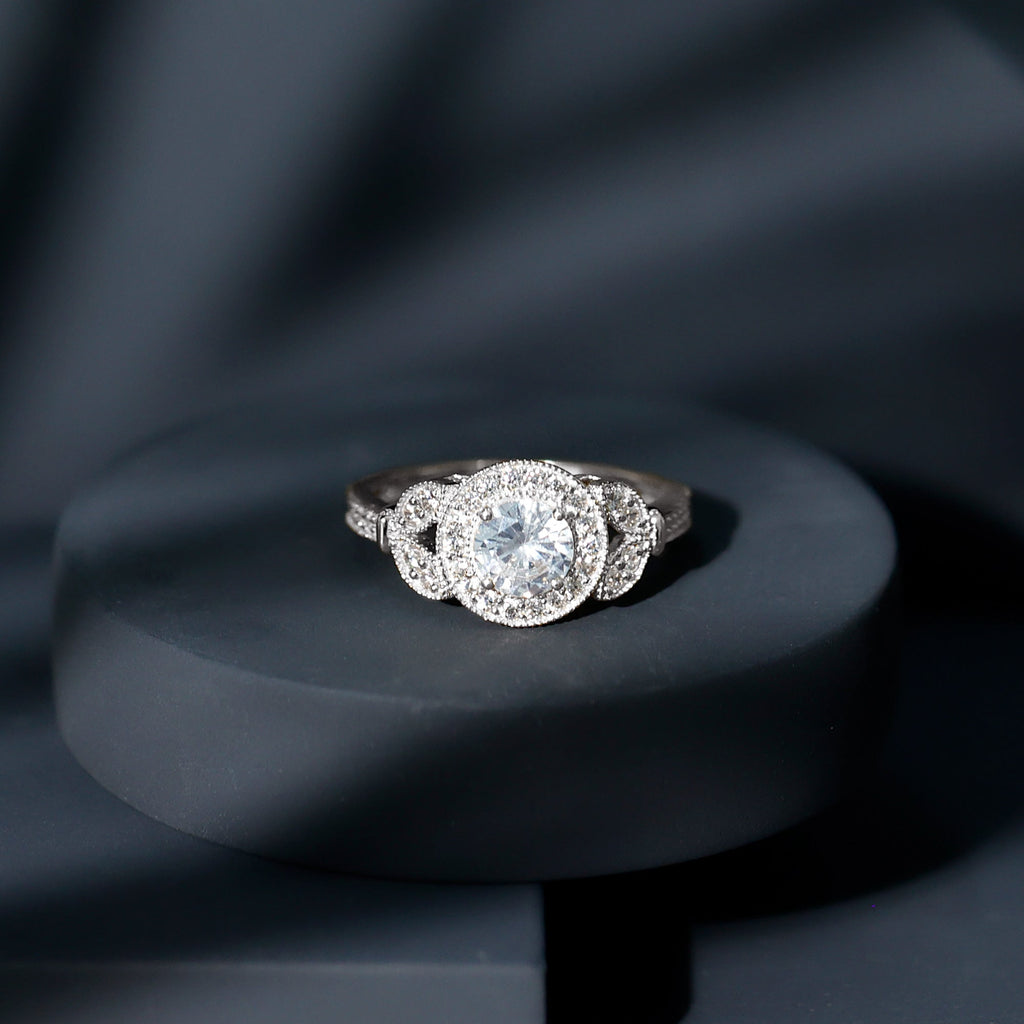 Vintage Inspired Cubic Zirconia Halo Engagement Ring for Women