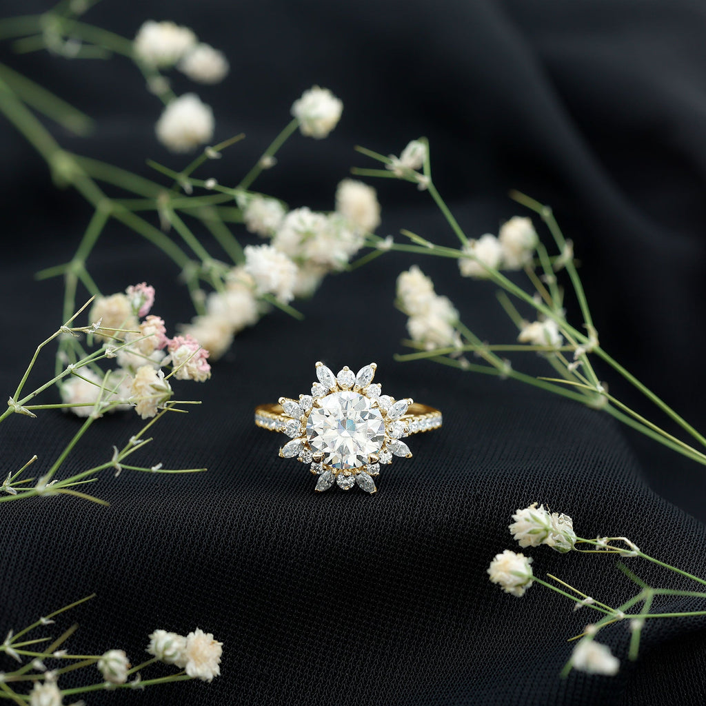 2 Carat Round Zircon Floral Halo Statement Ring