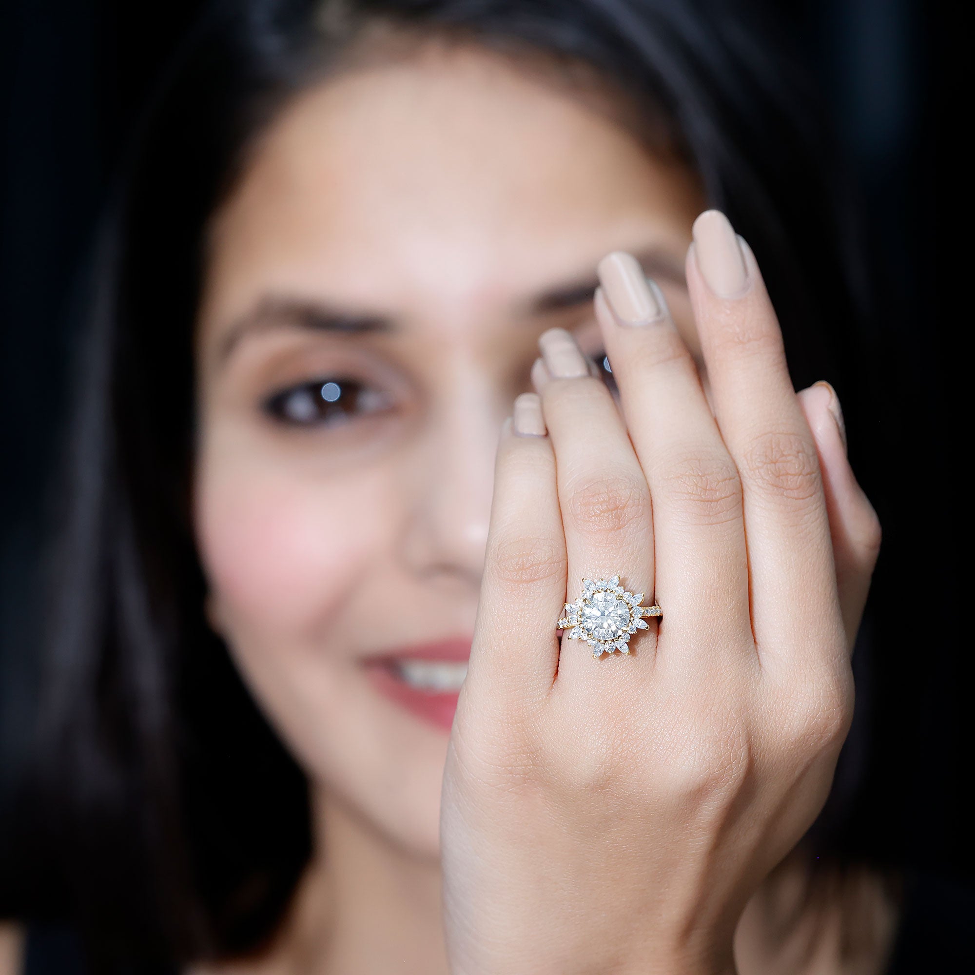 2 Carat Round Zircon Floral Halo Statement Ring
