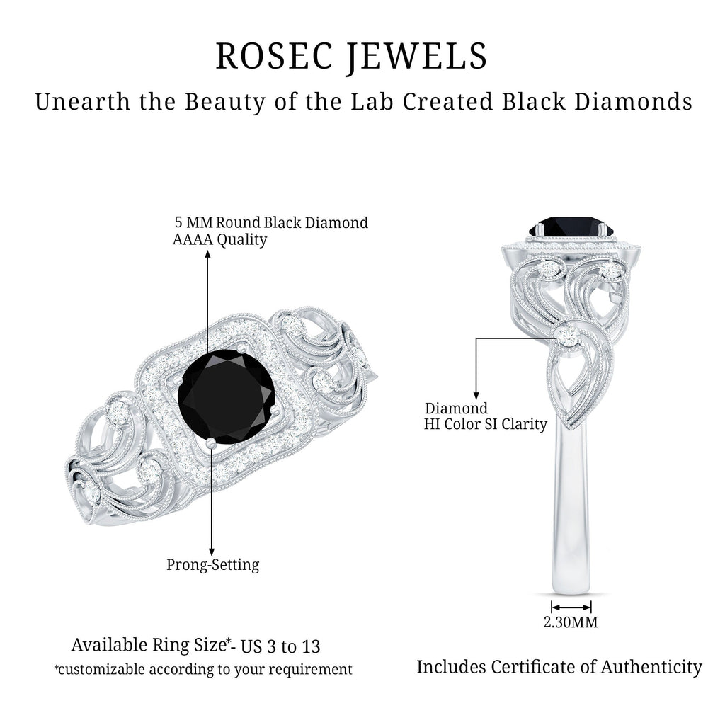 Vintage Style 0.84 Carat Lab Grown Black Diamond Engagement Ring with White Diamond