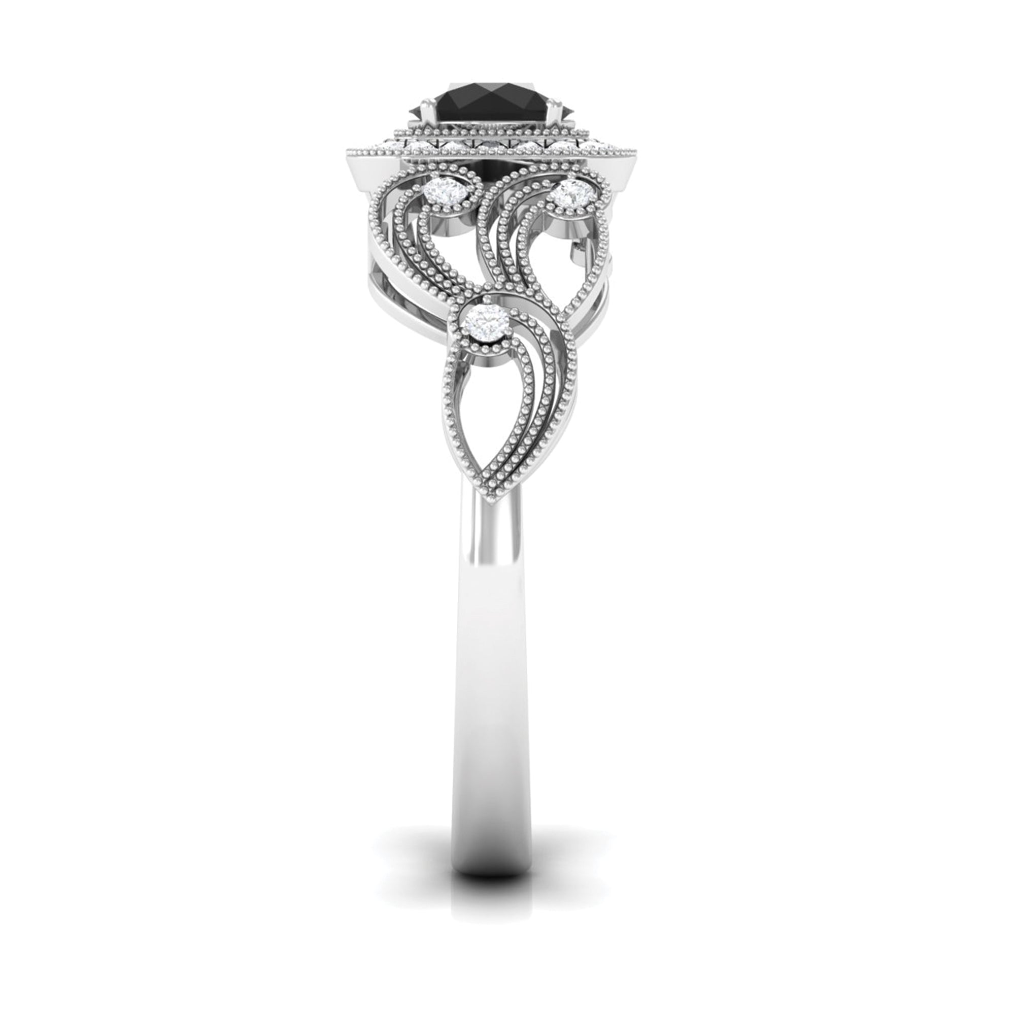 Vintage Style 0.84 Carat Lab Grown Black Diamond Engagement Ring with White Diamond