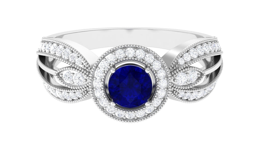 Vintage Inspired Blue Sapphire Engagement Ring with Diamond Split Shank