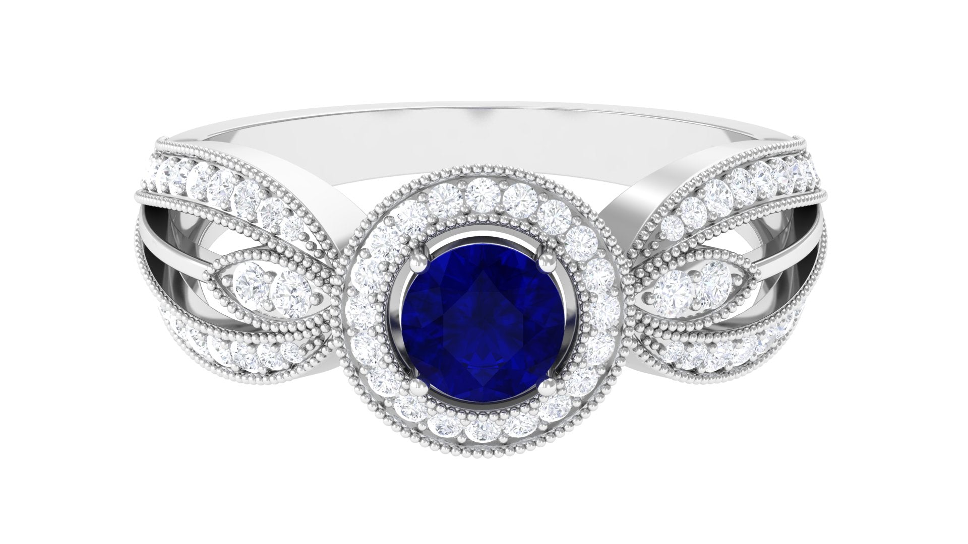 Vintage Inspired Blue Sapphire Engagement Ring with Diamond Split Shank
