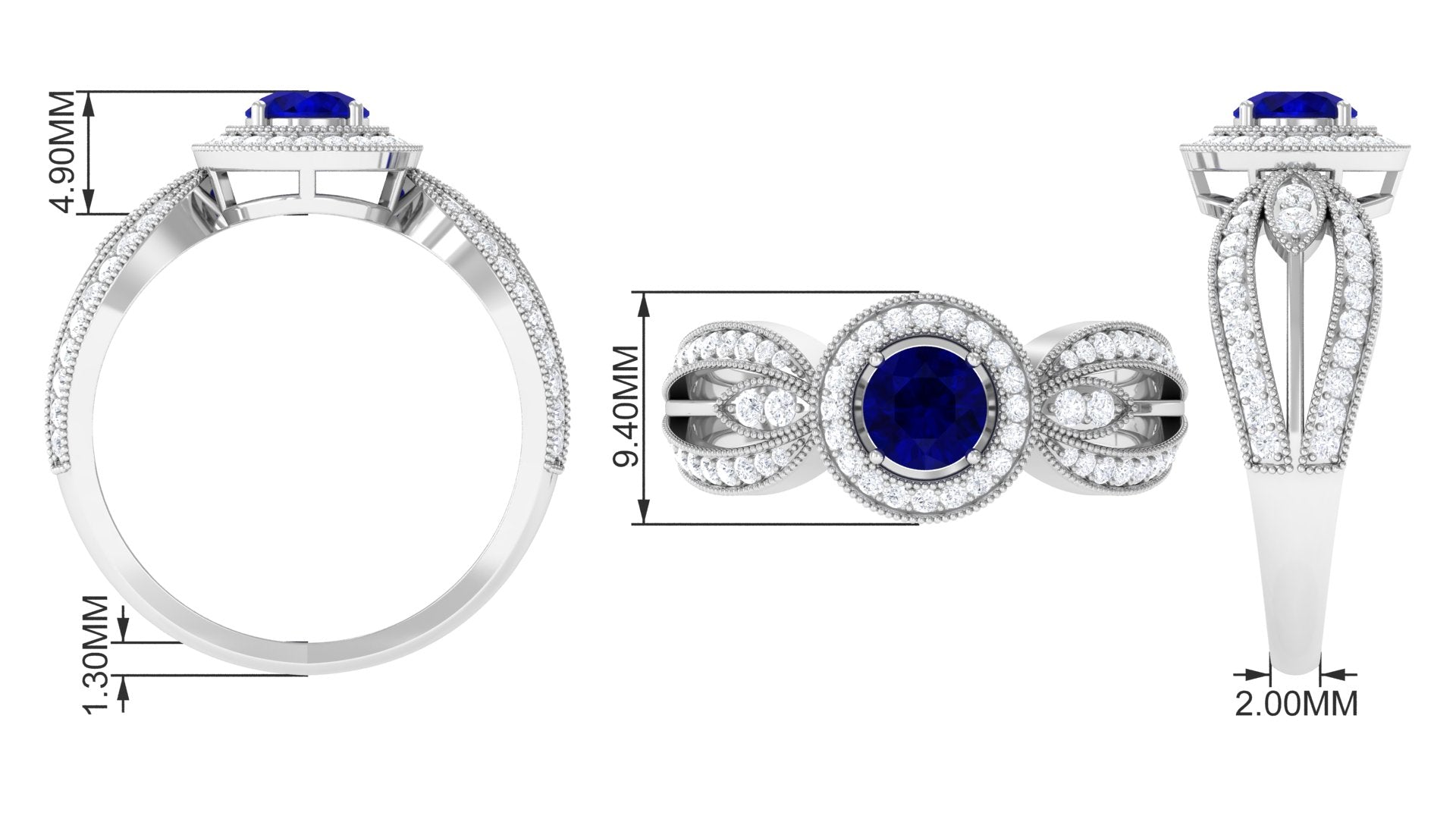 Vintage Inspired Blue Sapphire Engagement Ring with Diamond Split Shank