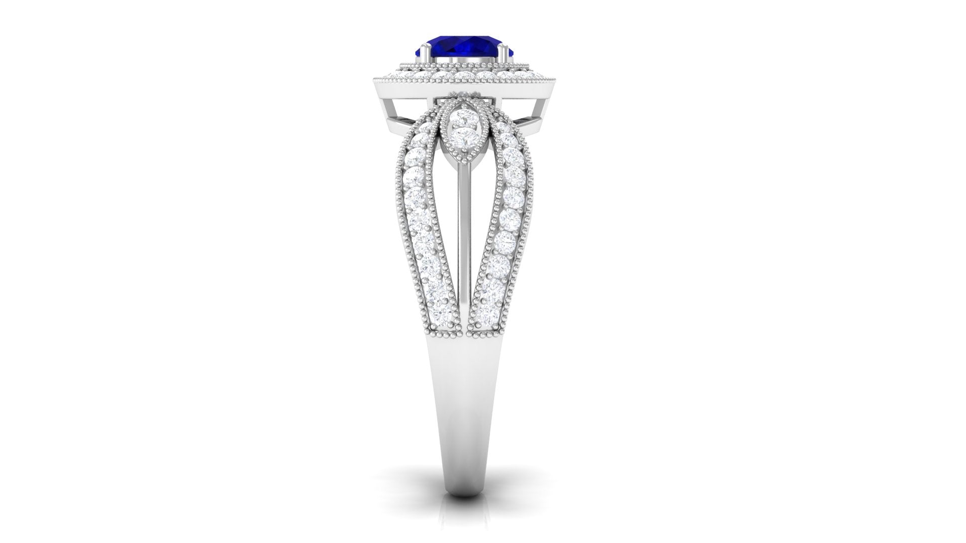 Vintage Inspired Blue Sapphire Engagement Ring with Diamond Split Shank