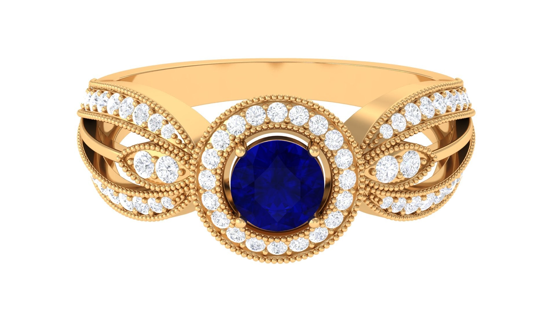Vintage Inspired Blue Sapphire Engagement Ring with Diamond Split Shank