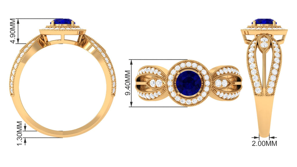 Vintage Inspired Blue Sapphire Engagement Ring with Diamond Split Shank