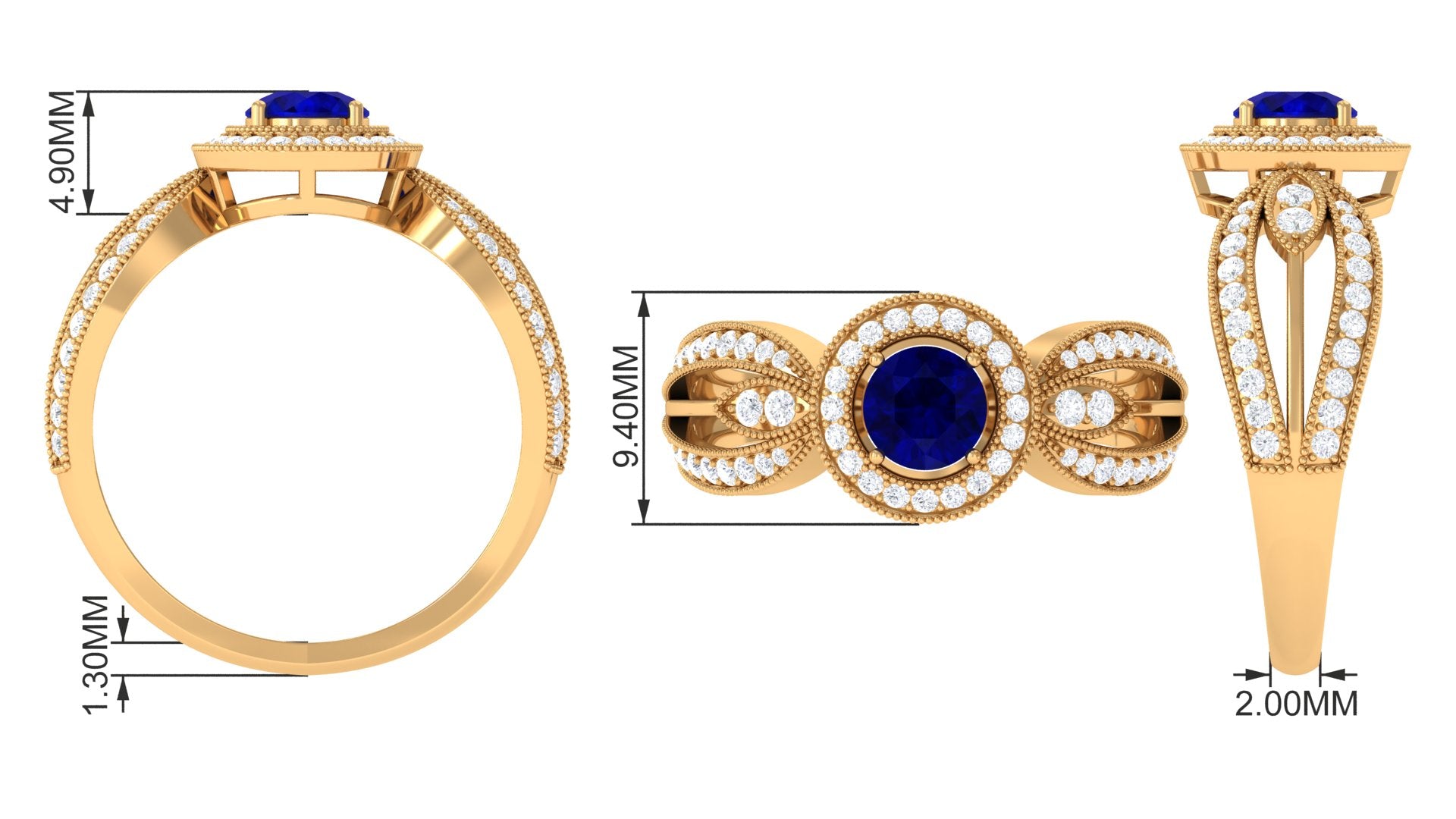 Vintage Inspired Blue Sapphire Engagement Ring with Diamond Split Shank