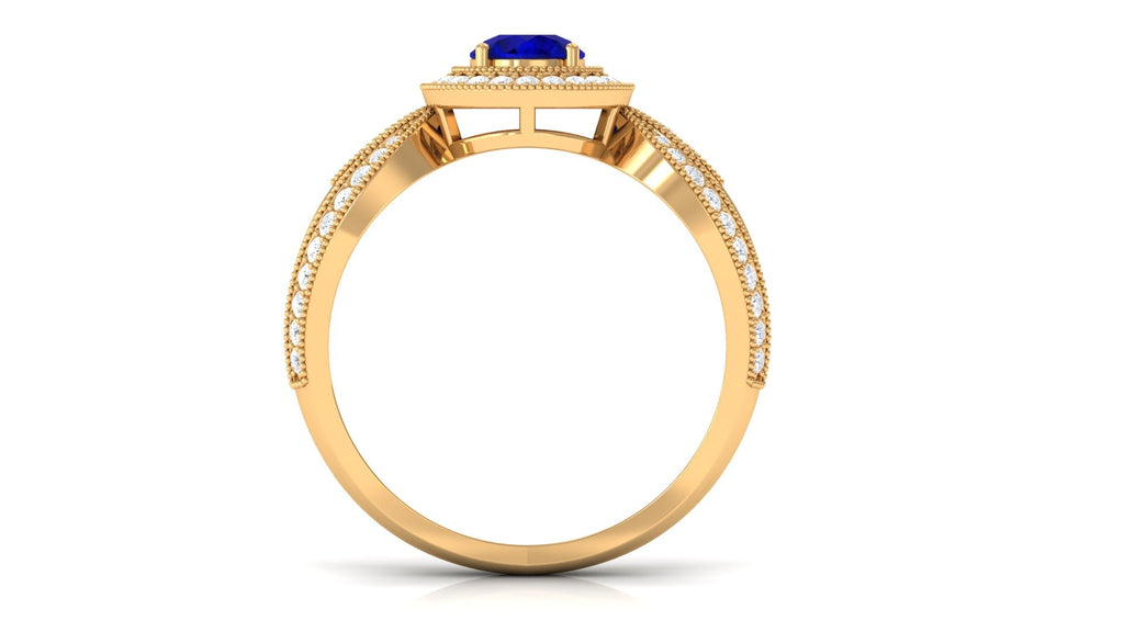 Vintage Inspired Blue Sapphire Engagement Ring with Diamond Split Shank