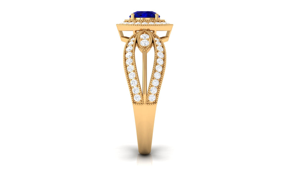 Vintage Inspired Blue Sapphire Engagement Ring with Diamond Split Shank