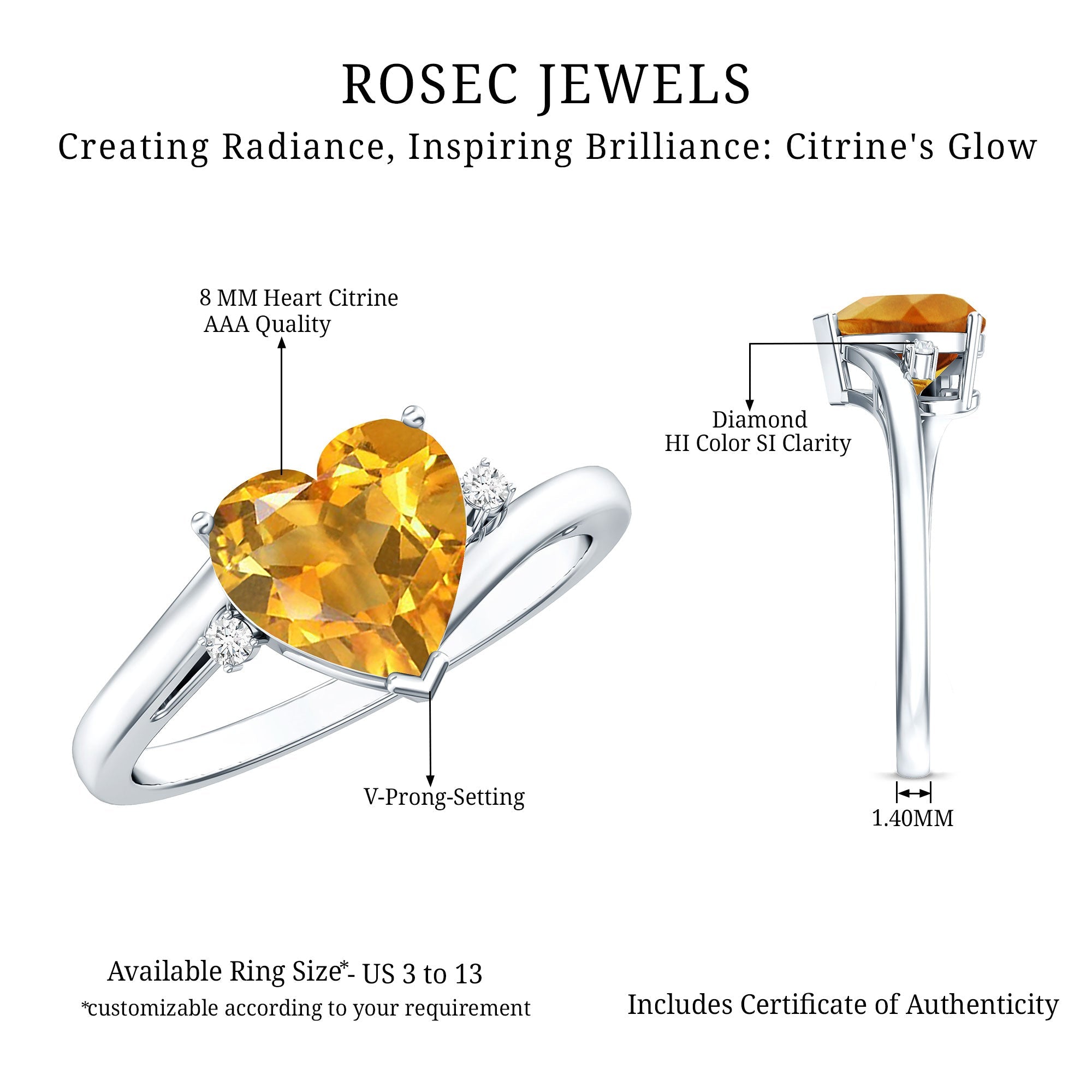 Natural 8mm Citrine Heart Engagement Ring with Diamond